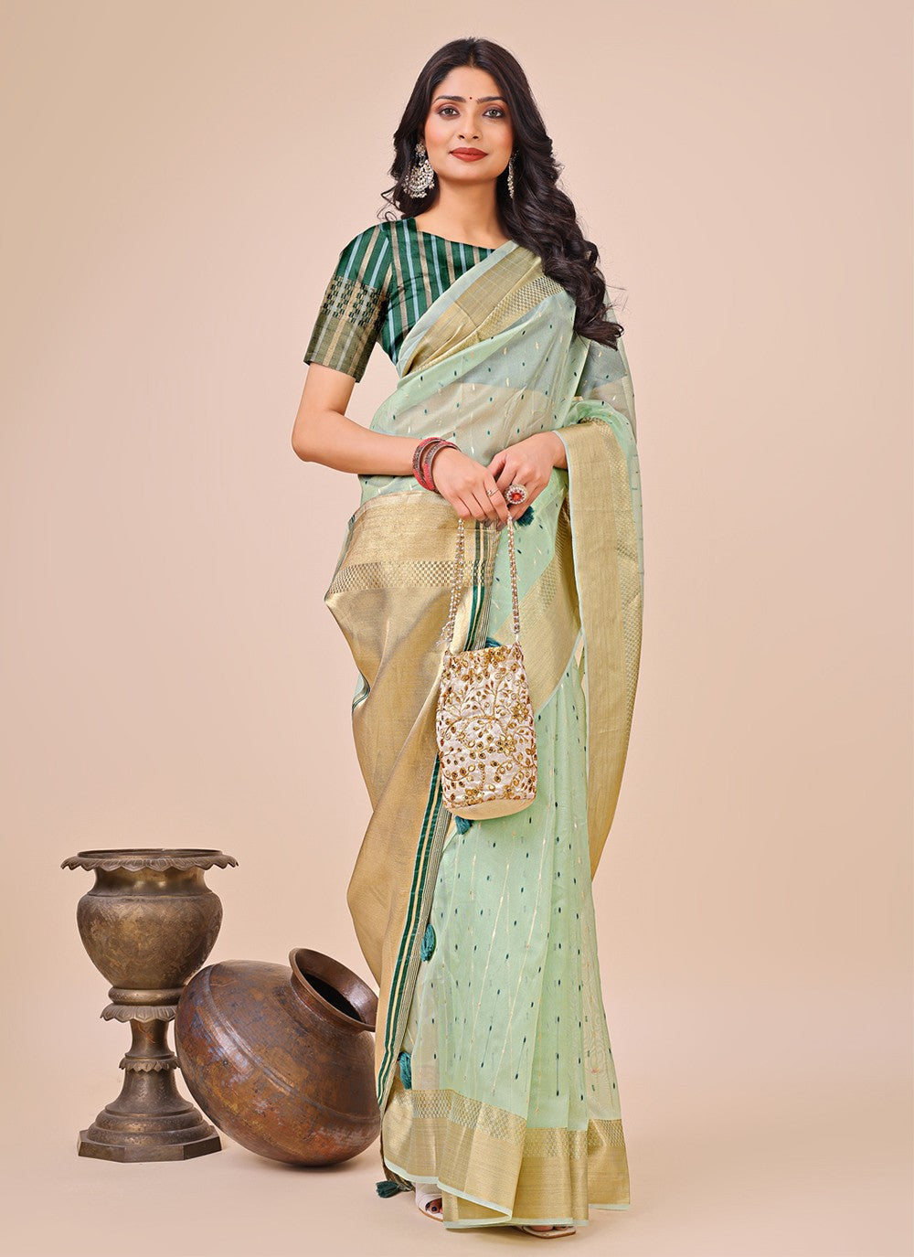 Woven Organza Sea Green Classic Saree S15189