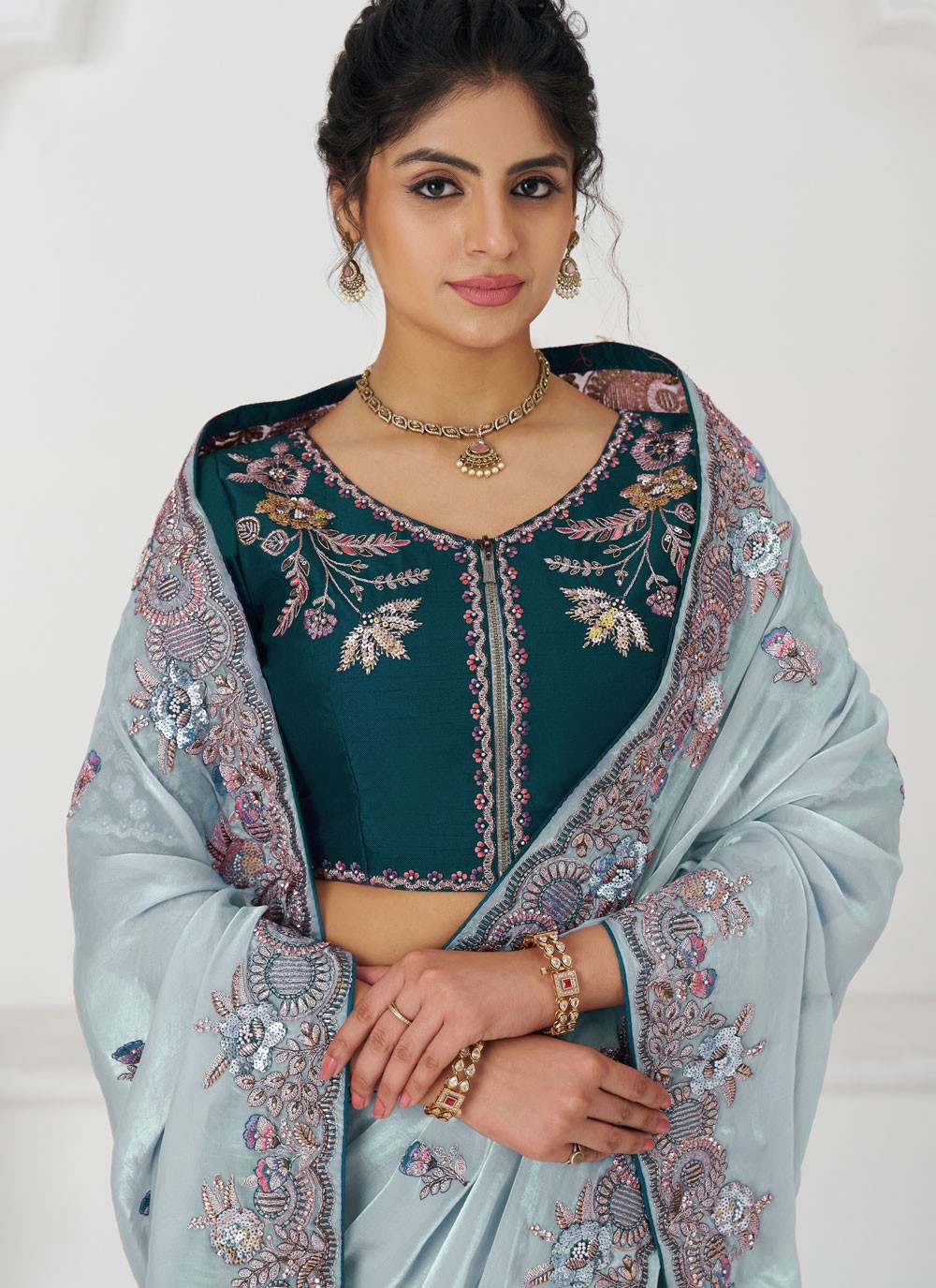 Embroidered Silk Aqua Blue Classic Saree S15646