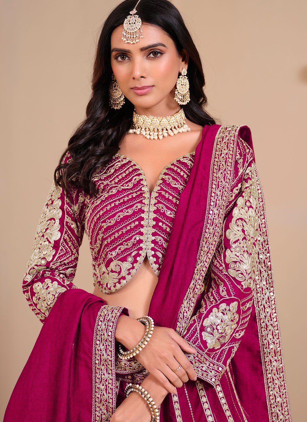 Embroidered Art Silk, Shimmer Hot Pink Lehenga - L3275