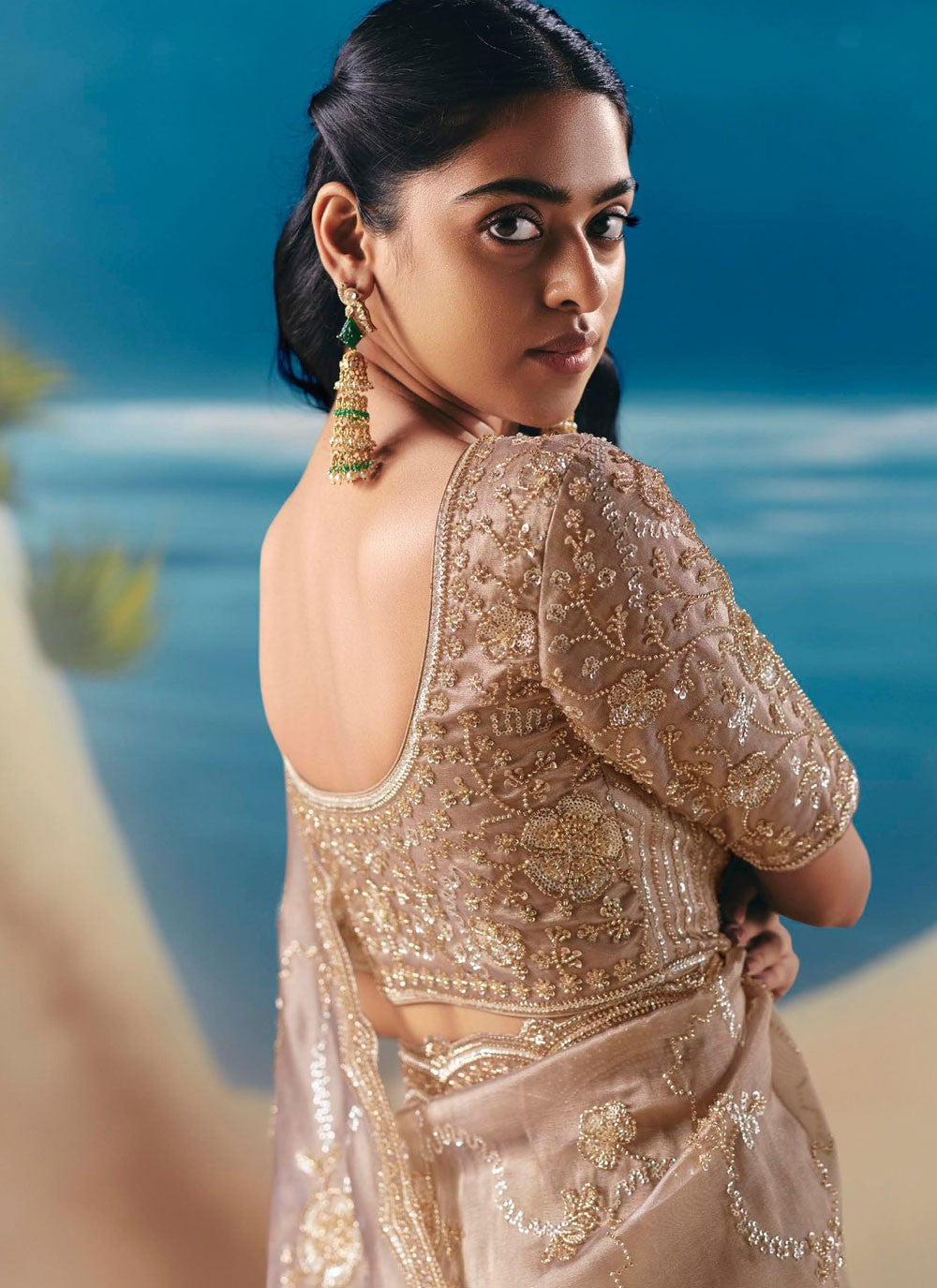 Beige Fancy Fabric Trendy Saree Embroidered, Sequins S20194