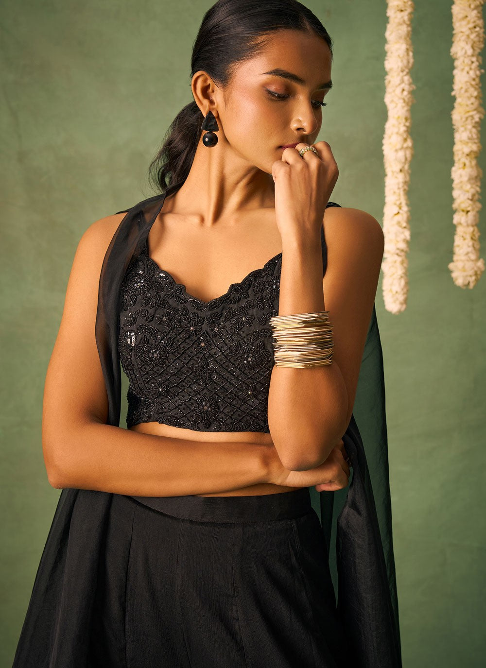 Salwar Suit Beads Black Chinon T5898