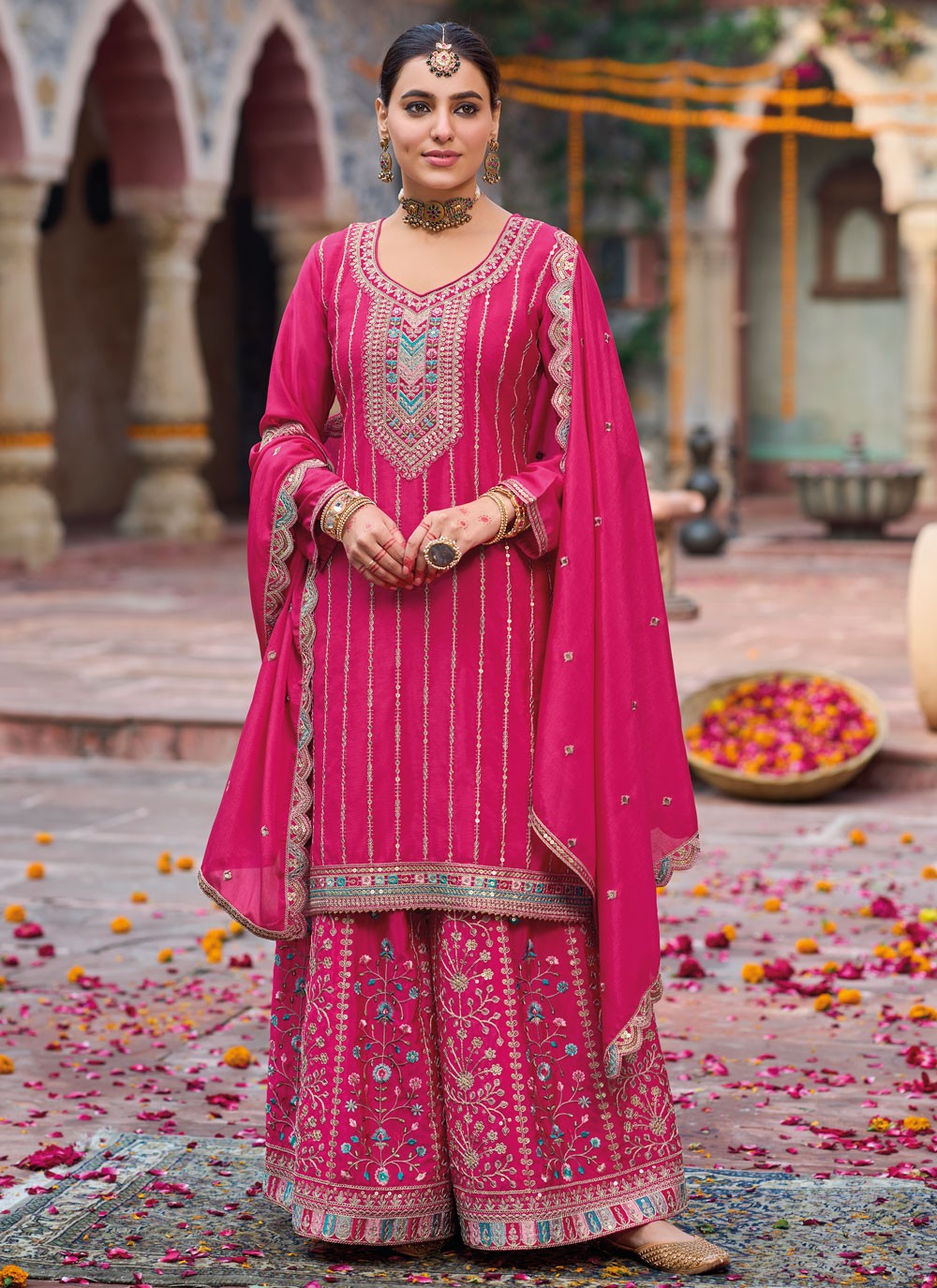 Salwar Suit Embroidered Hot Pink Chinon T5506