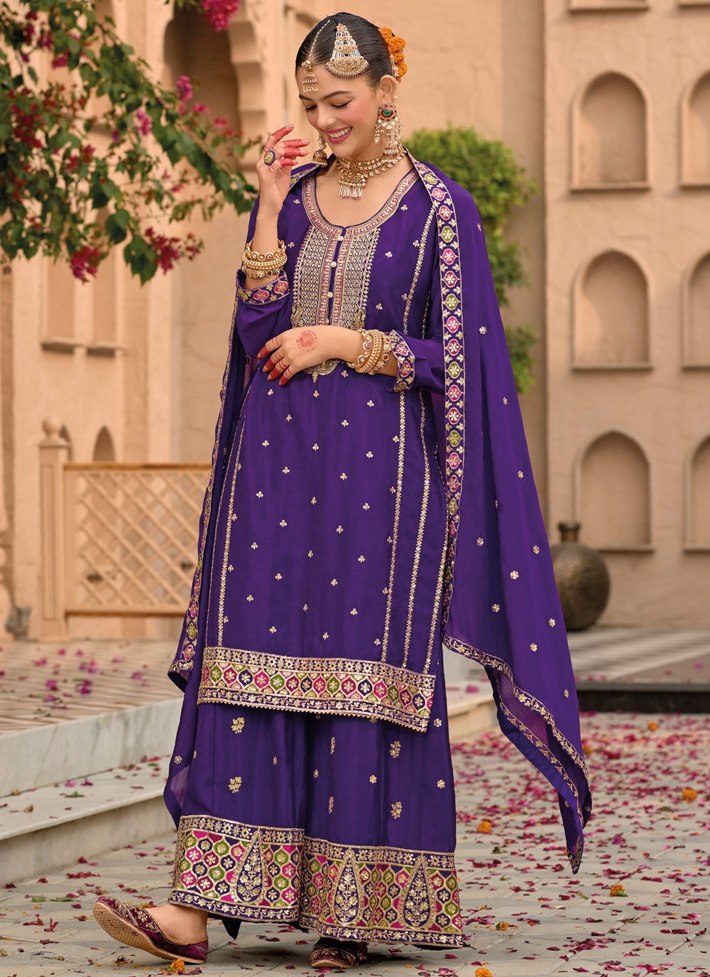 Salwar Suit Embroidered Violet Chinon T5410