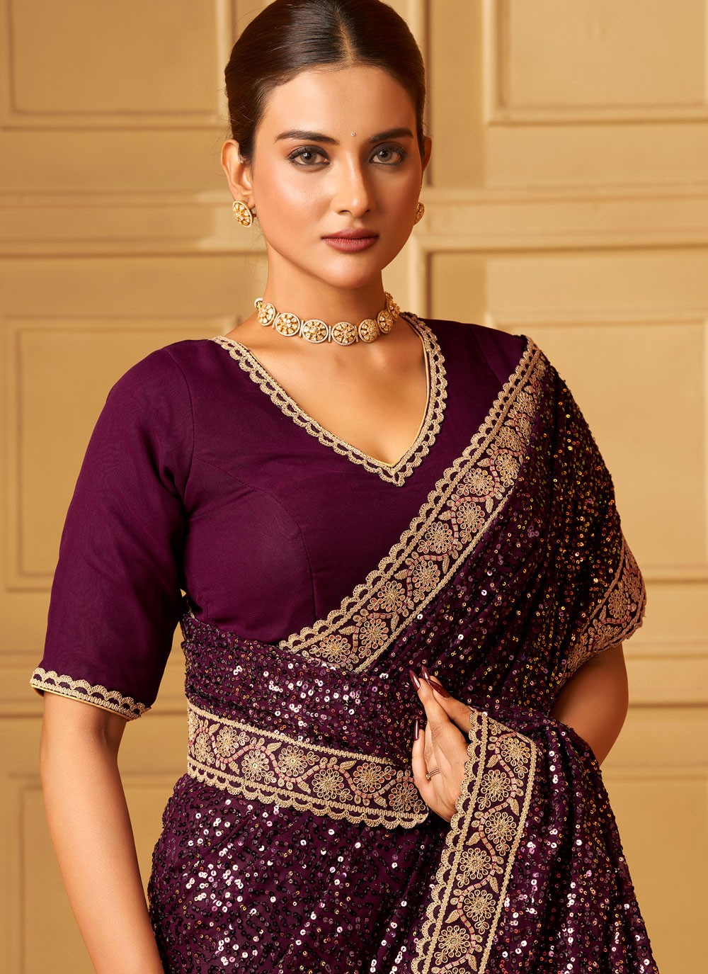 Purple Georgette Classic Saree Cord, Embroidered, Sequins, Thread, Zari S19354