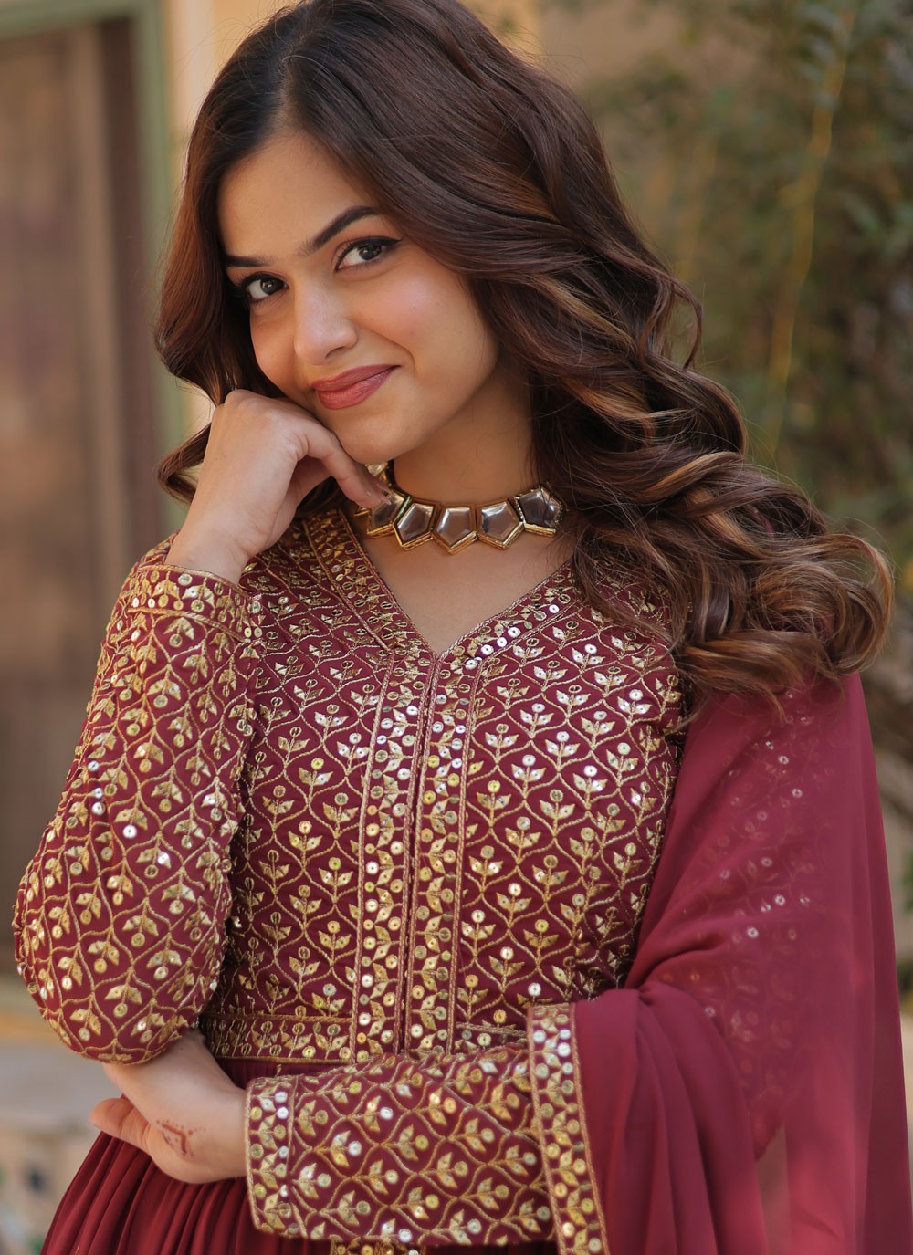 Anarkali Embroidered Hot Pink Faux Georgette T5887