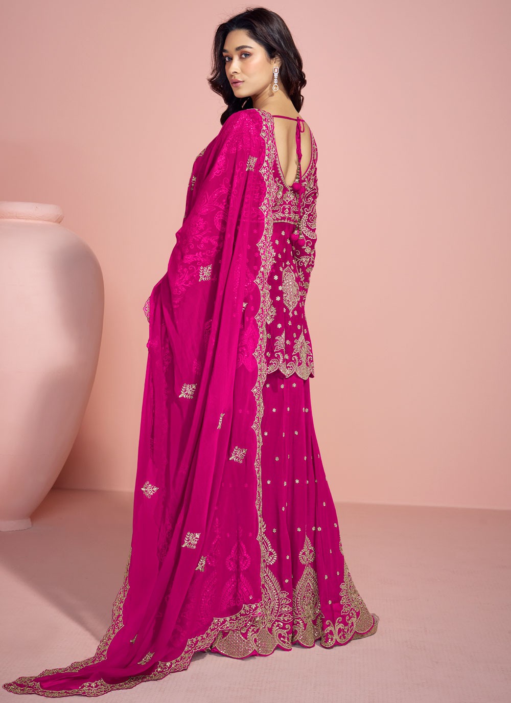 Palazzo Suit Embroidered Hot Pink Pure Georgette T5905