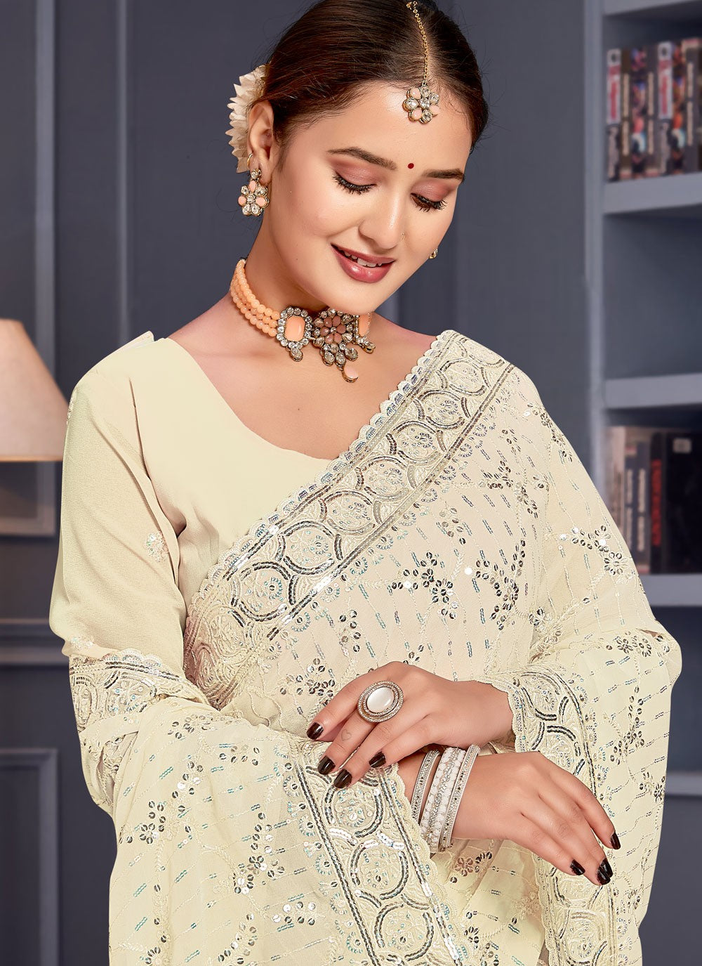 Embroidered Georgette Off White Saree S14659