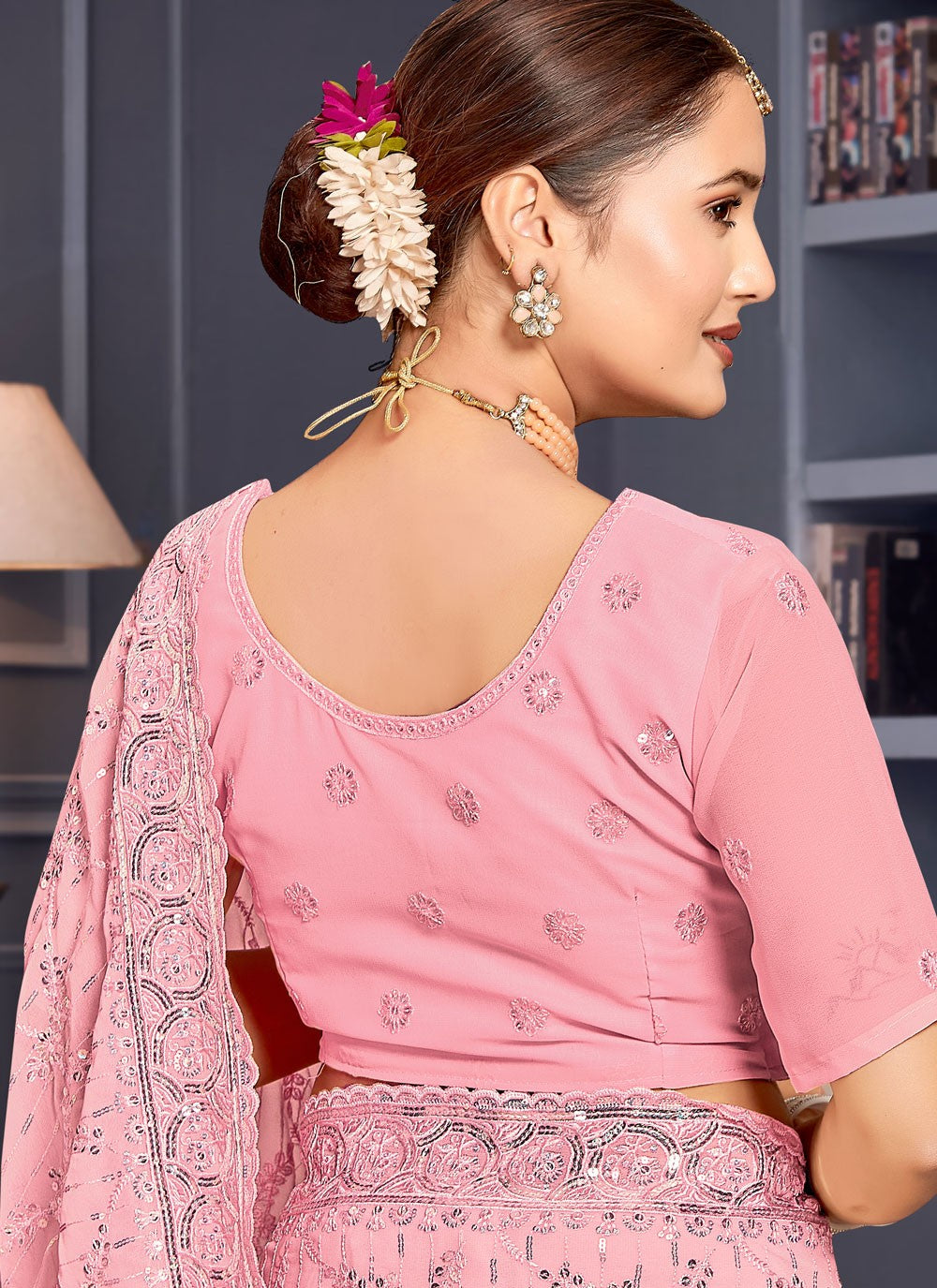 Embroidered Georgette Pink Saree S14661