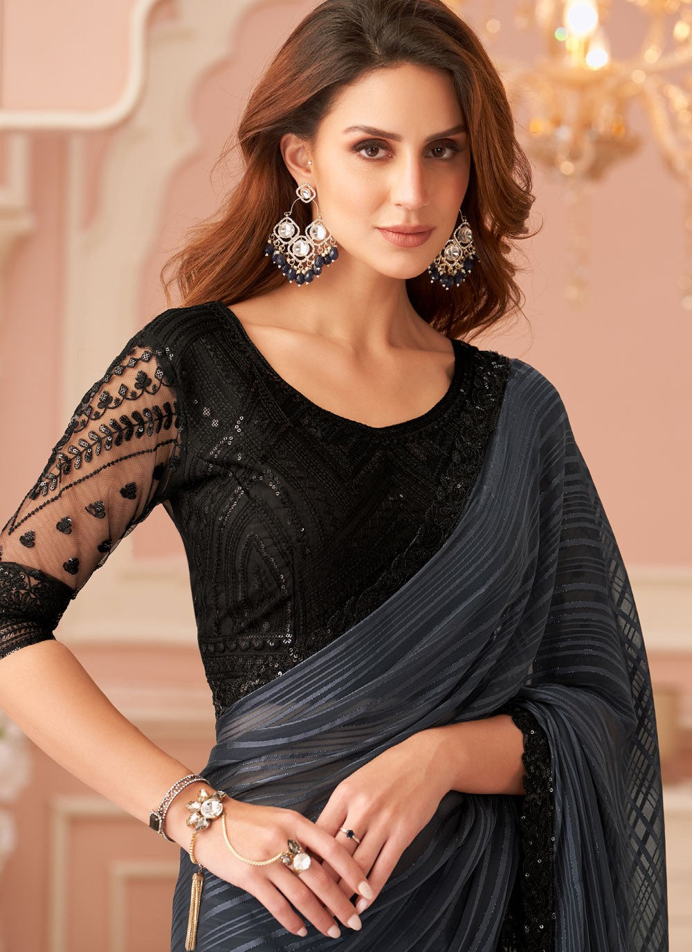 Trendy Saree Border Work Grey Georgette Saree S13641