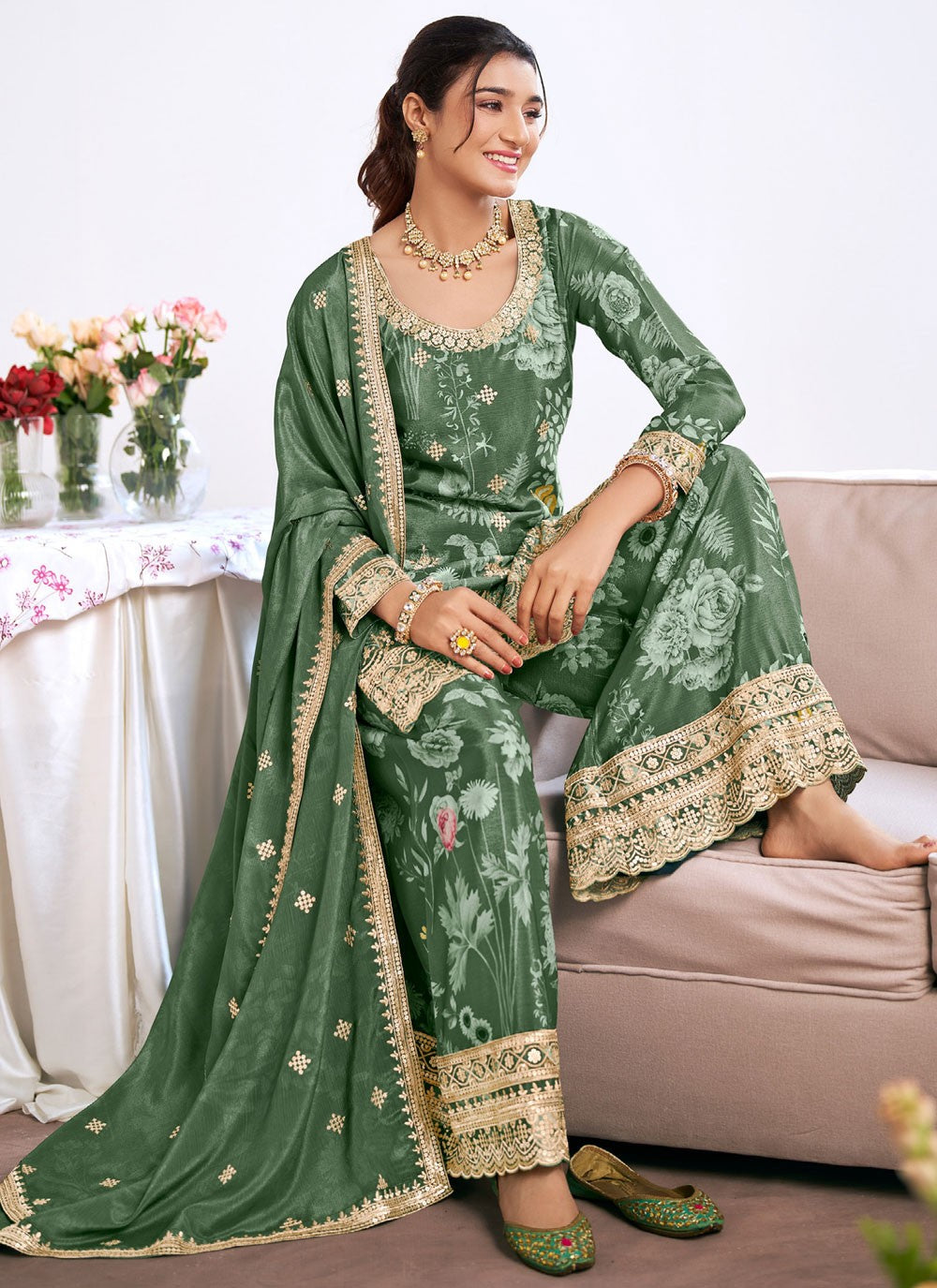 Palazzo Suit Embroidered, Printed, Sequins, Zari Green T8274