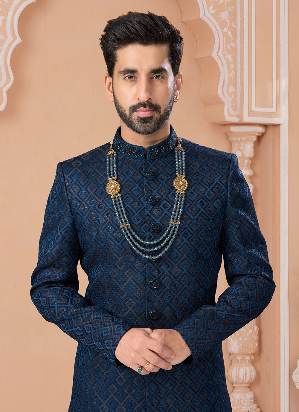 Embroidered Jacquard Blue Indo Western Sherwani - M6908