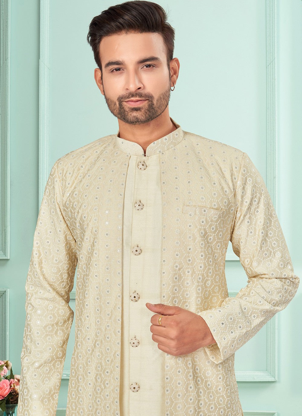 Embroidered Lucknowi Off White Indo Western - M7267