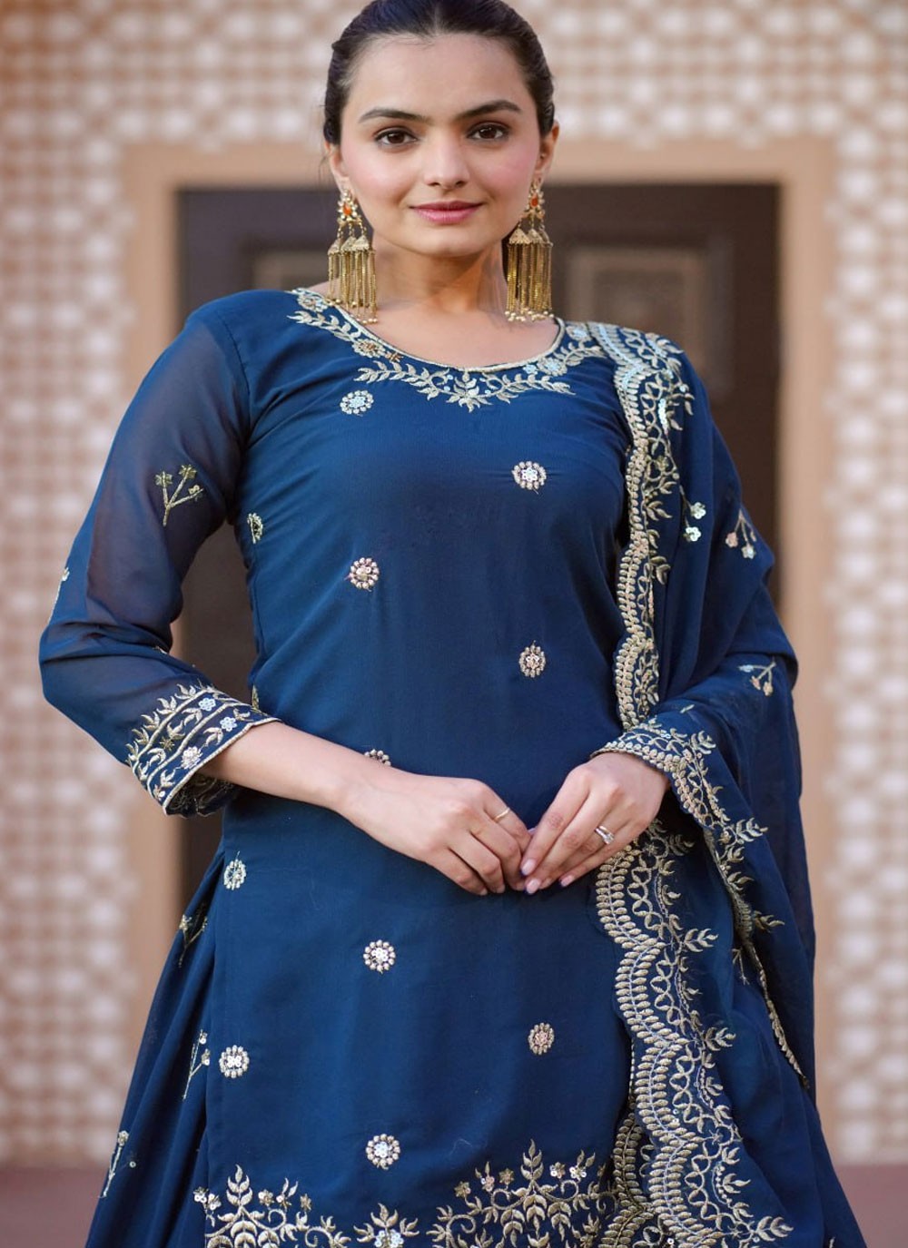 Embroidered Faux Georgette Morpeach Readymade Lehenga Choli L3789