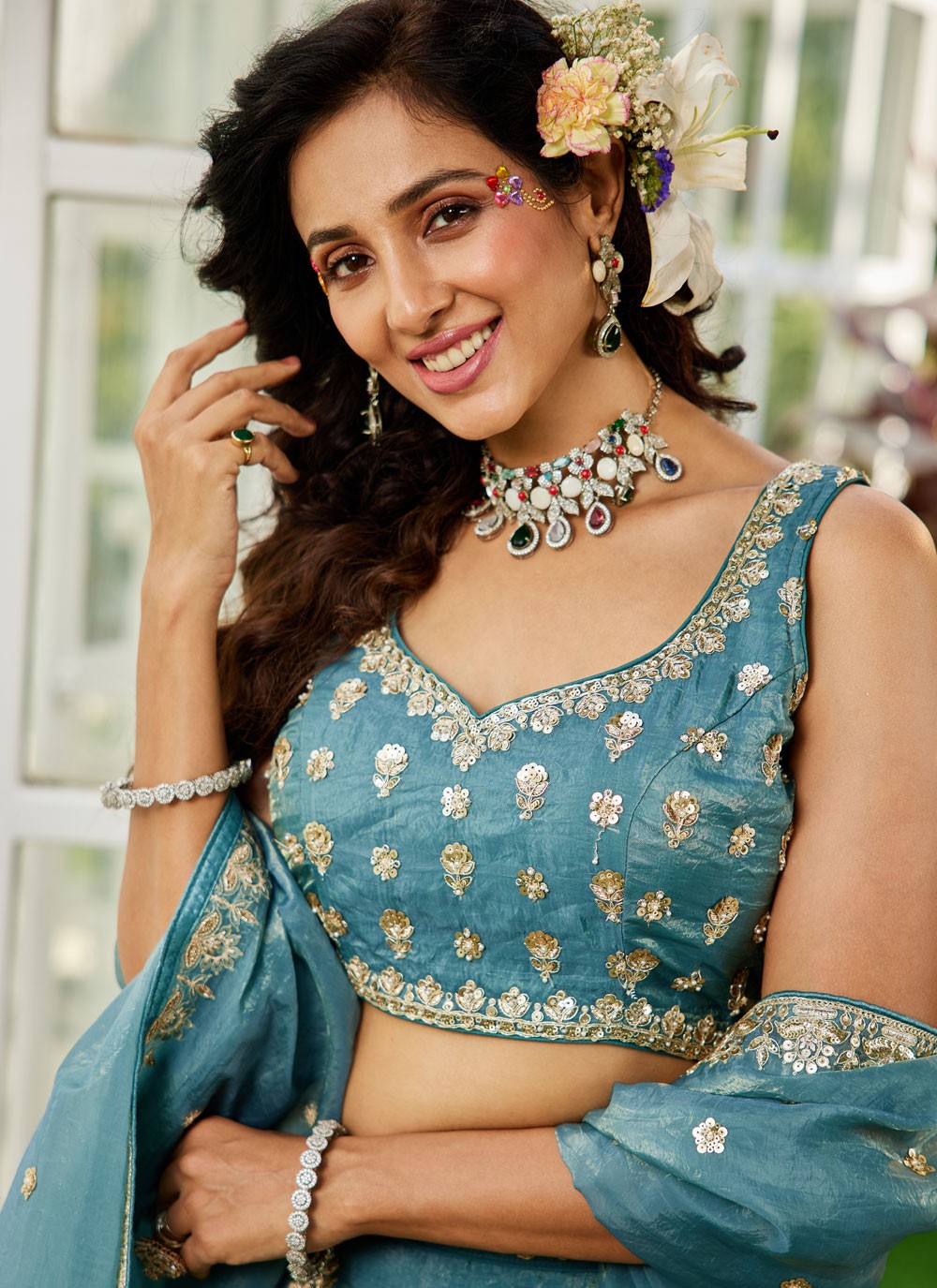 Embroidered Organza Morpeach Lehenga - L3354