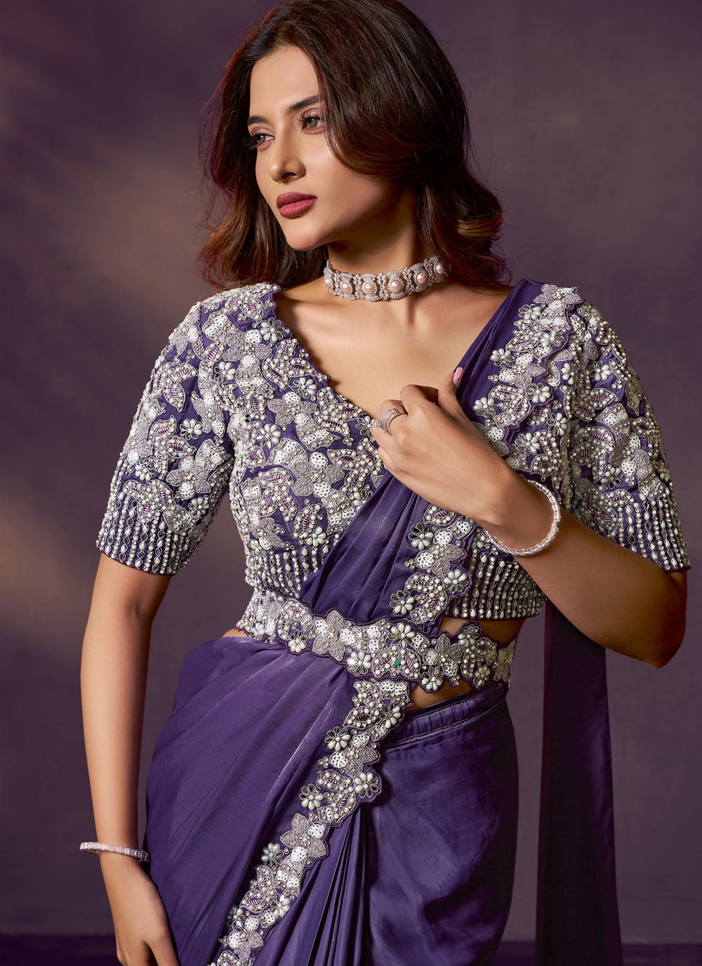 Purple Satin Silk Traditional Saree Embroidered, Pearls, Sequins S20477