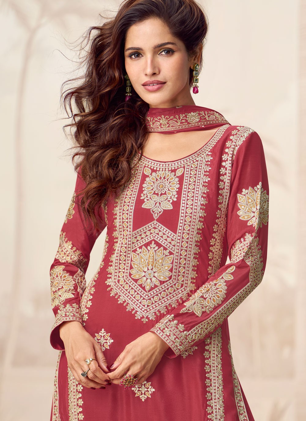 Palazzo Suit Embroidered, Sequins, Zari Pink T7933
