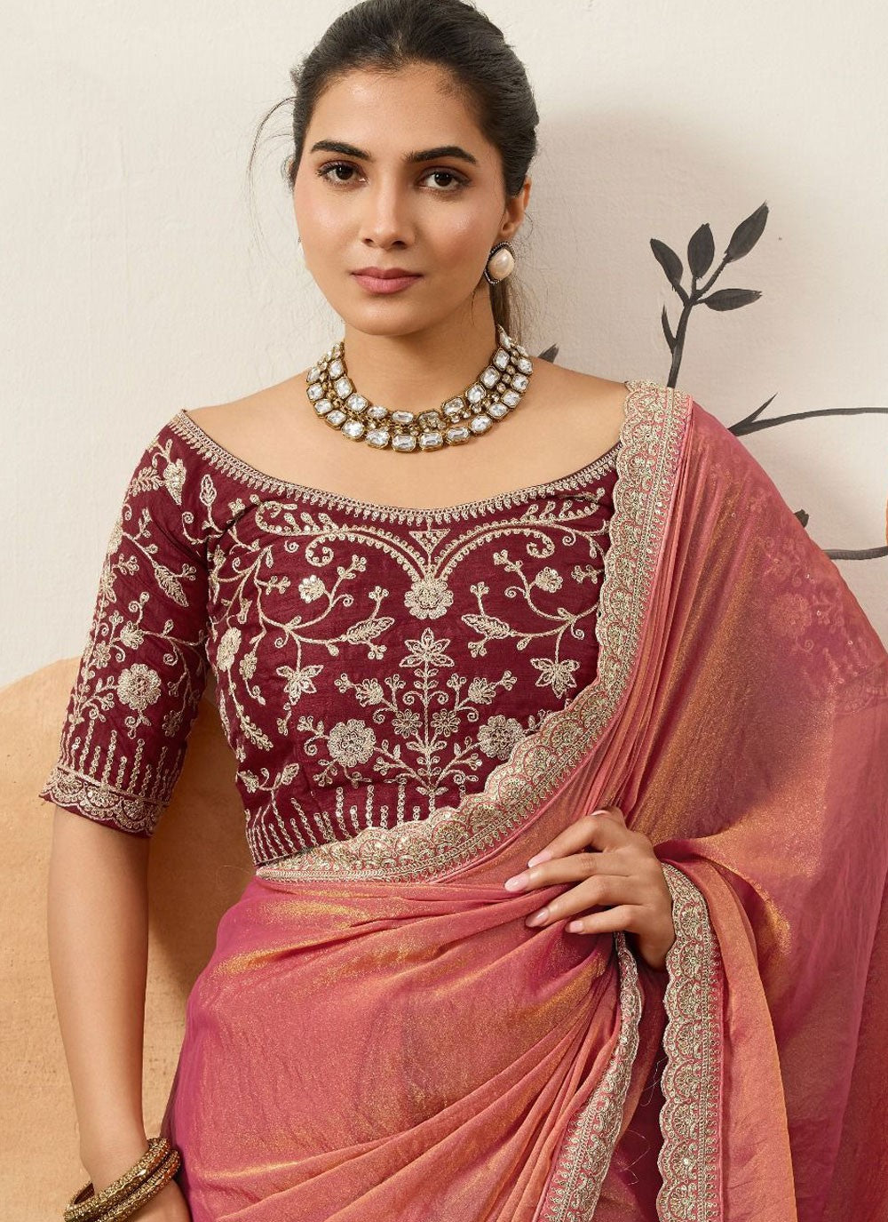 Pink Silk Trendy Saree Border Work, Cord, Sequins S20438