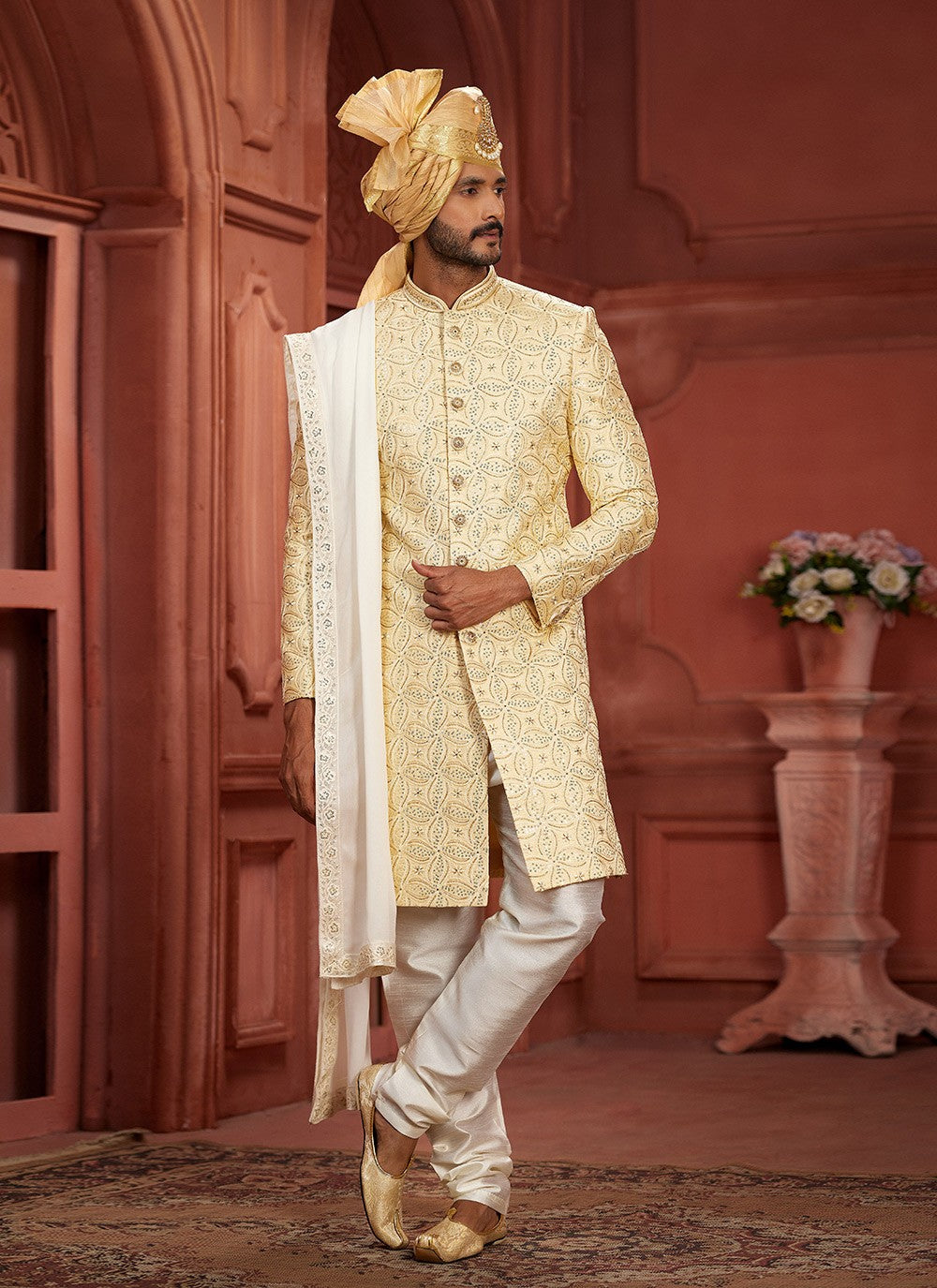 Embroidered Pure Silk Mustard Sherwani - M7383
