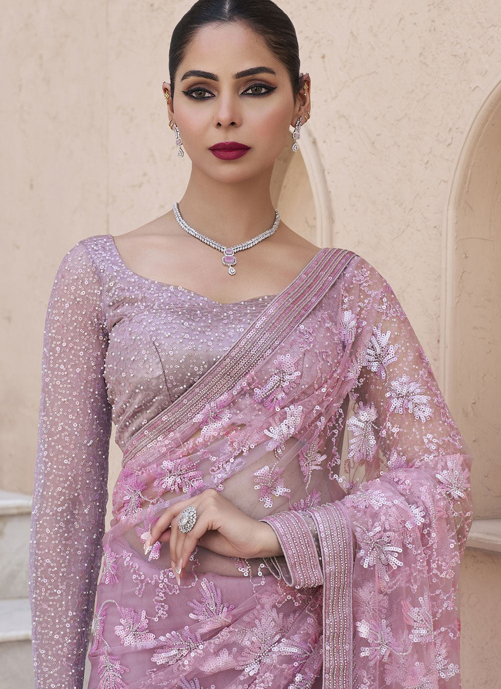 Beads Net Purple Saree S13933