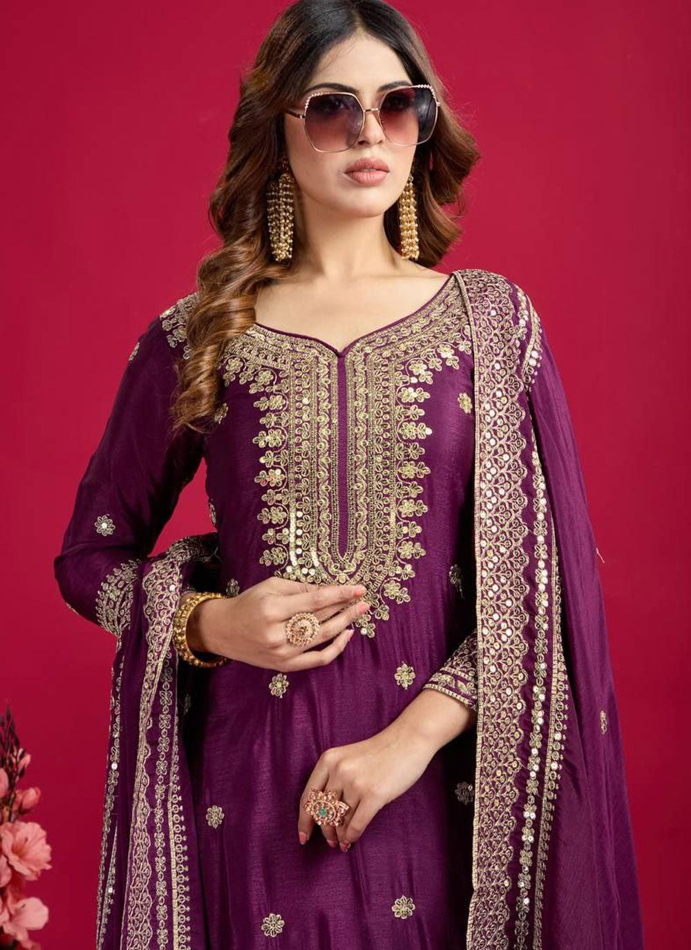 Salwar Suit Embroidered Purple Chinon T5890