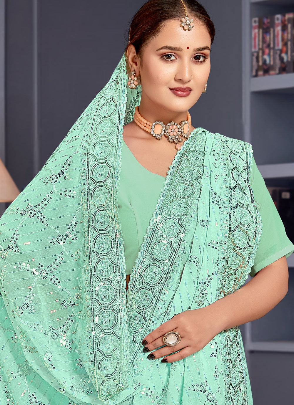 Embroidered Georgette Firozi Saree S14660