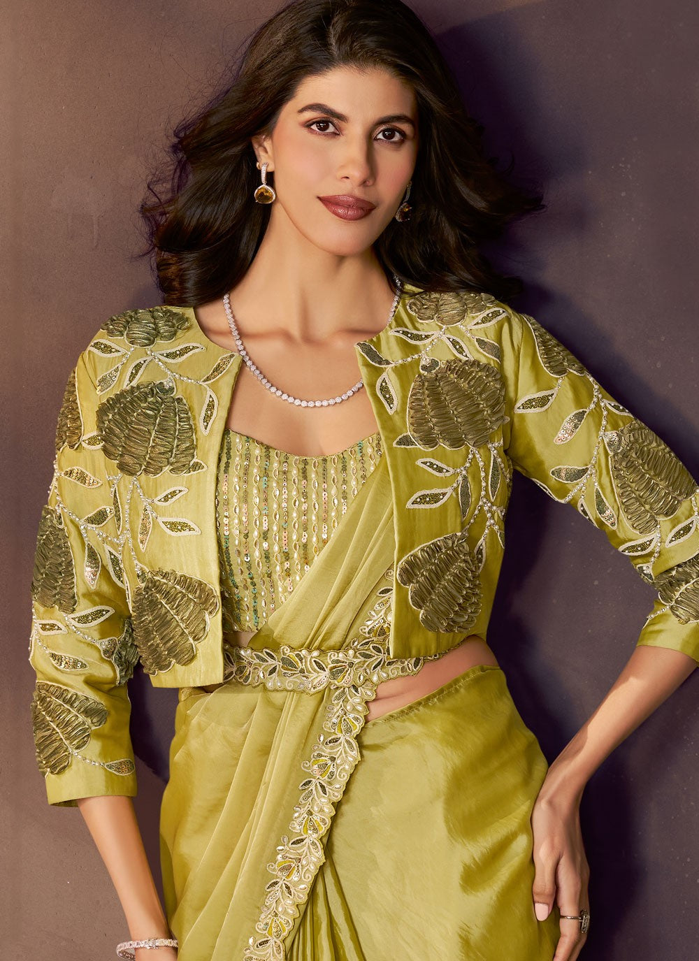 Green Satin Silk Trendy Saree Embroidered, Sequins S20480