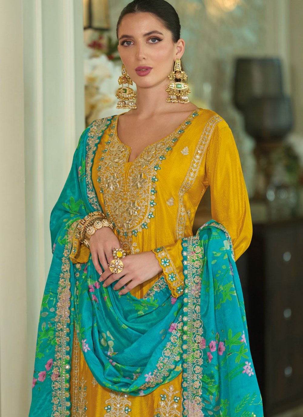 Palazzo Suit Embroidered, Khatli Work, Sequins, Zari Mustard T6763