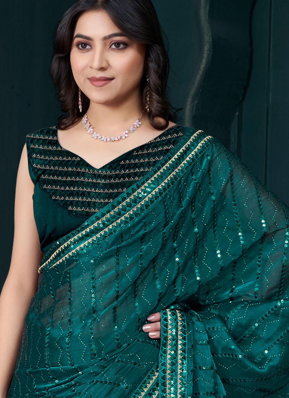 Sequins Organza Teal Designer Saree S15205