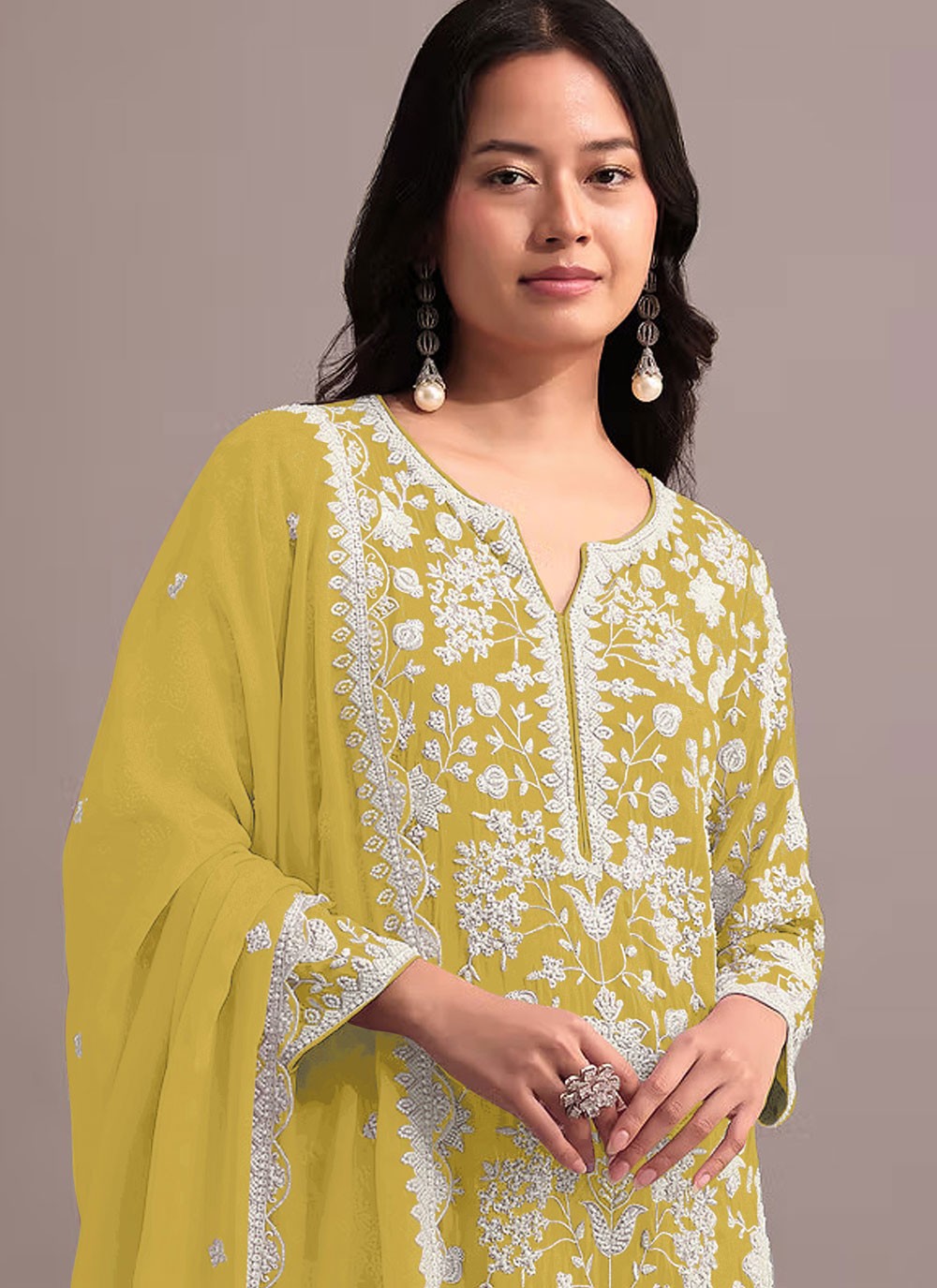 Sharara Suit Embroidered, Khatli Work, Thread Yellow T6733