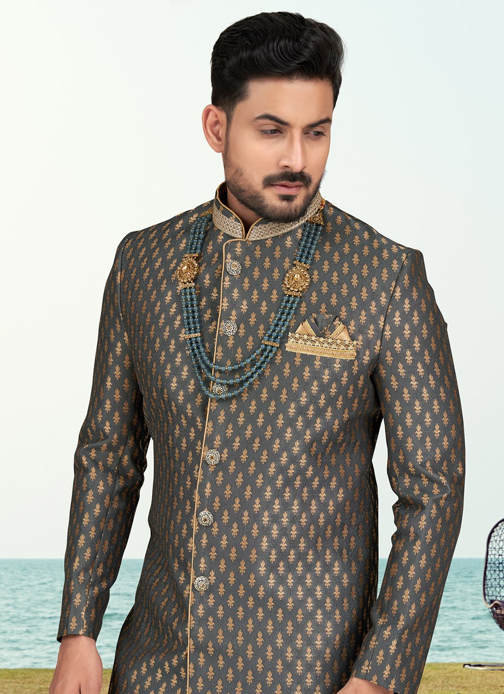 Buttons Banarasi Jacquard Grey Sherwani - M6596