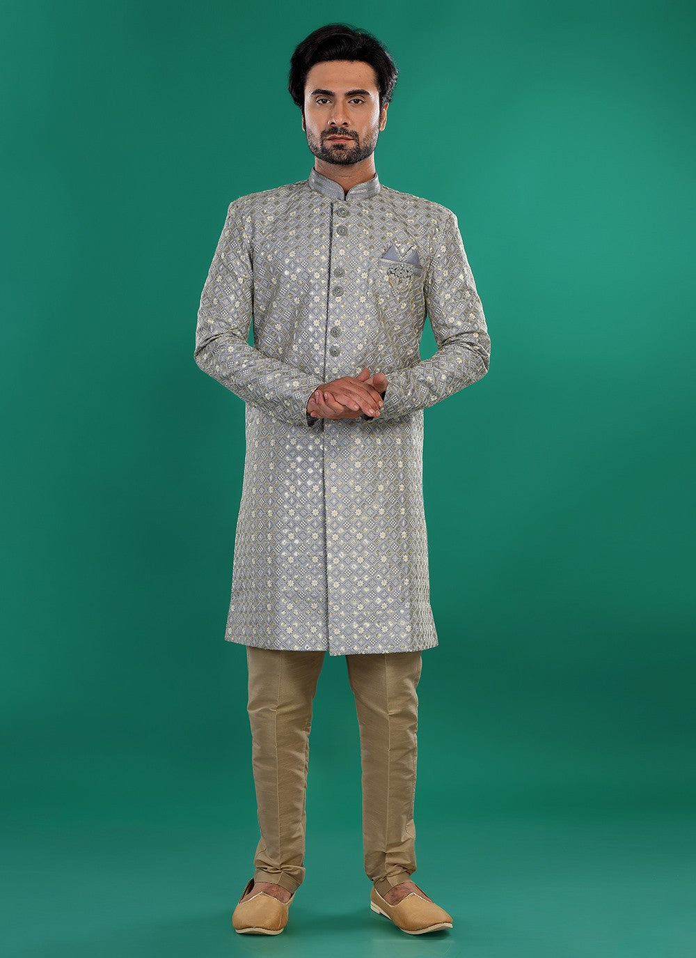 Embroidered Art Silk Grey Sherwani - M8815