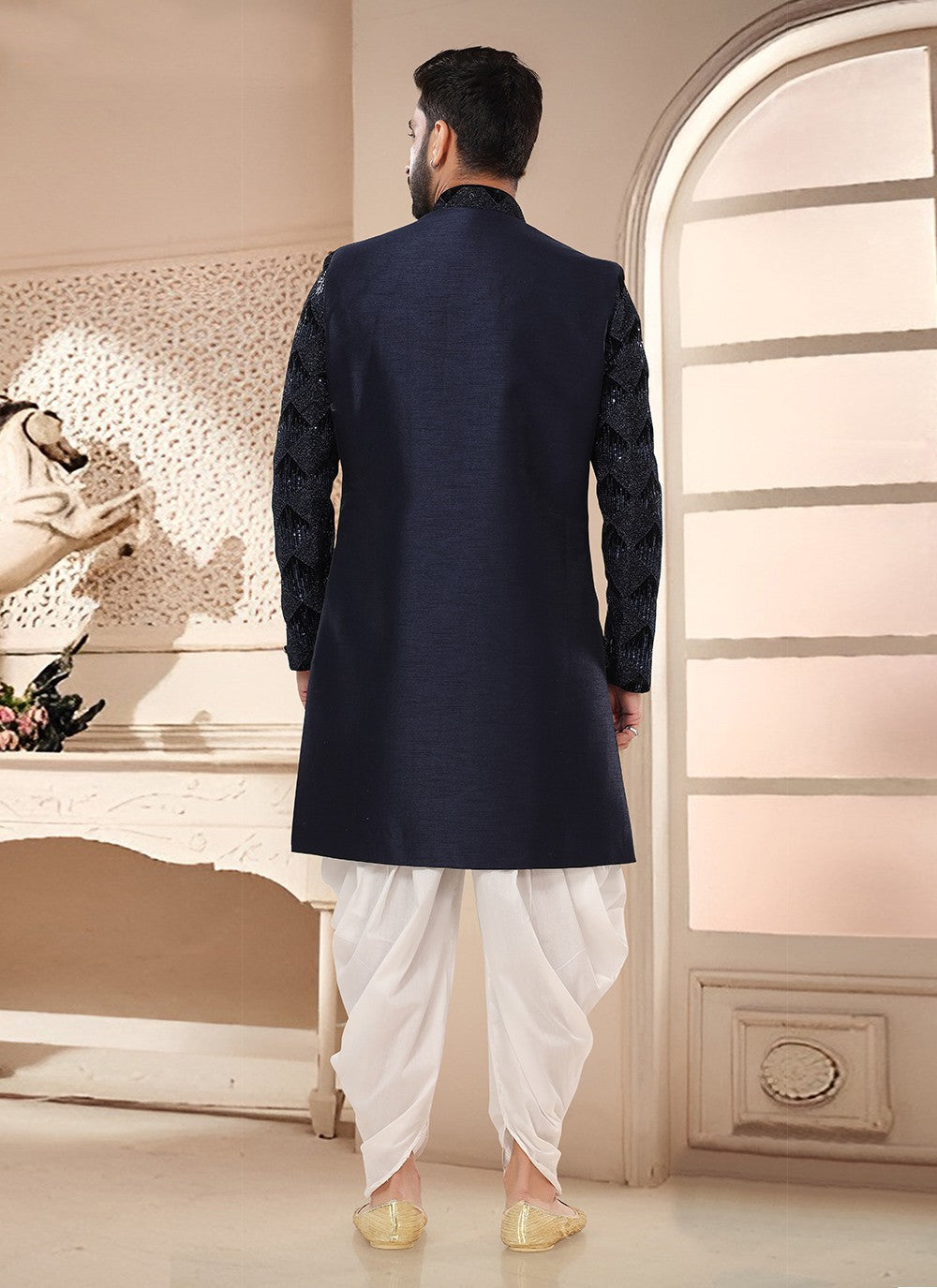 Embroidered Silk Blue Sherwani - M7579