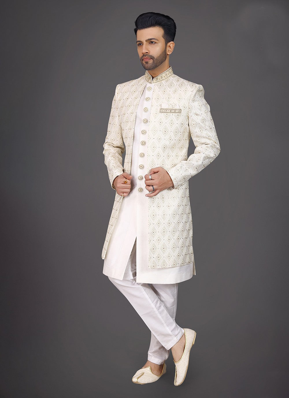 Embroidered Silk Cream, White Sherwani - M7969