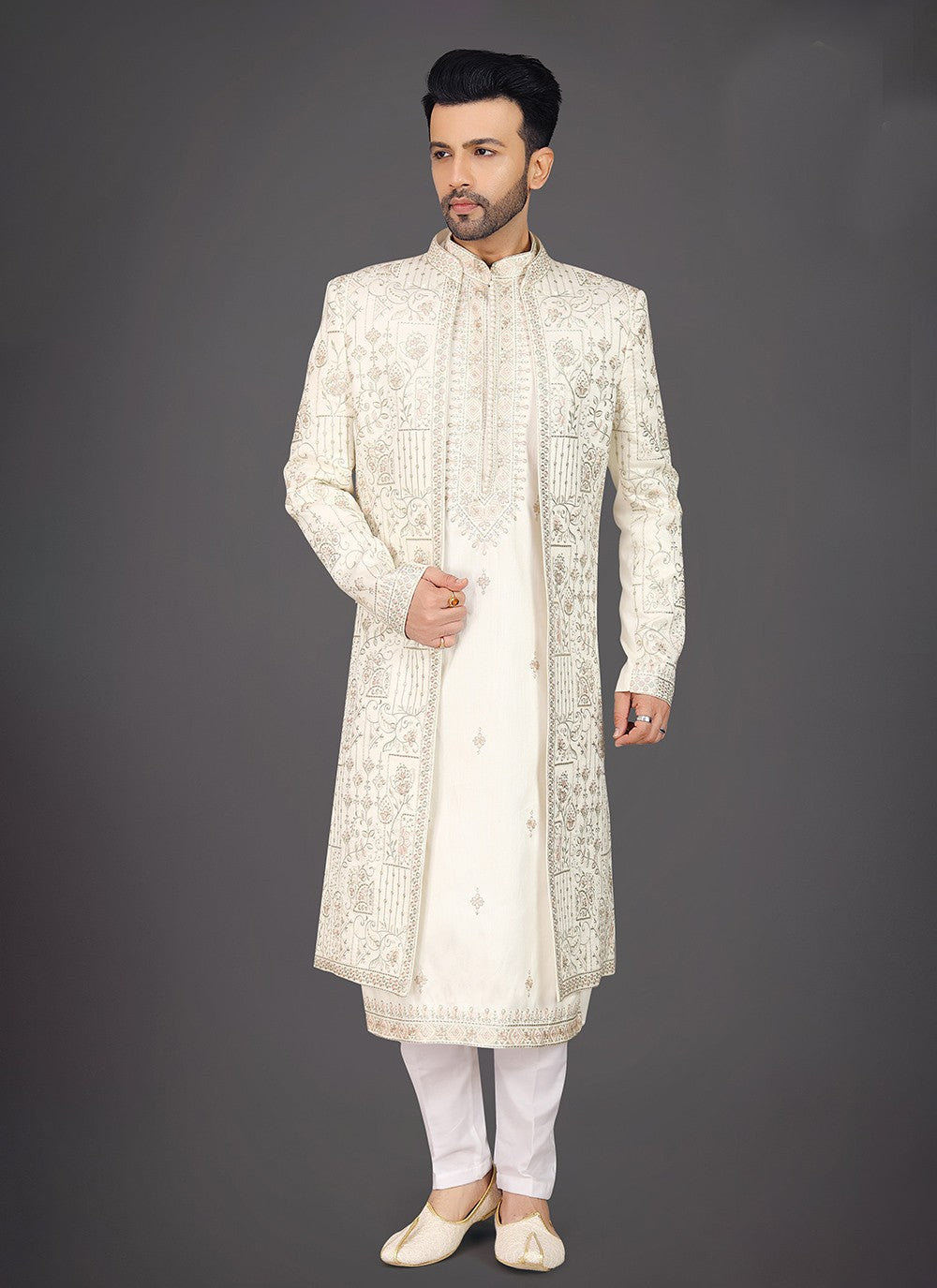 Embroidered Silk Off White Sherwani - M7988
