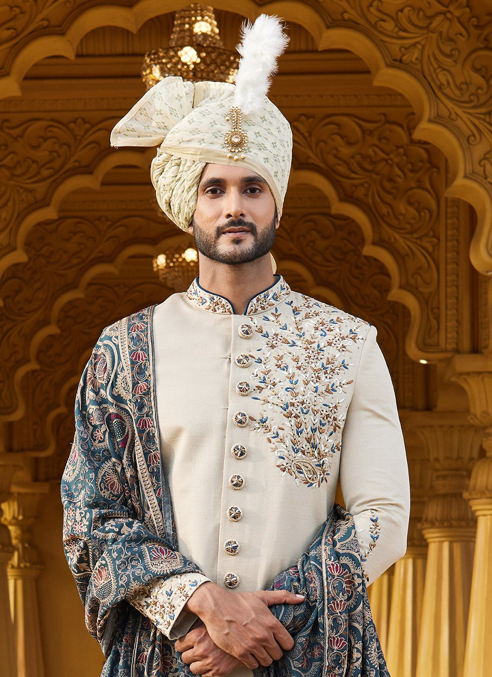 Embroidered Art Silk Cream Sherwani - M6092