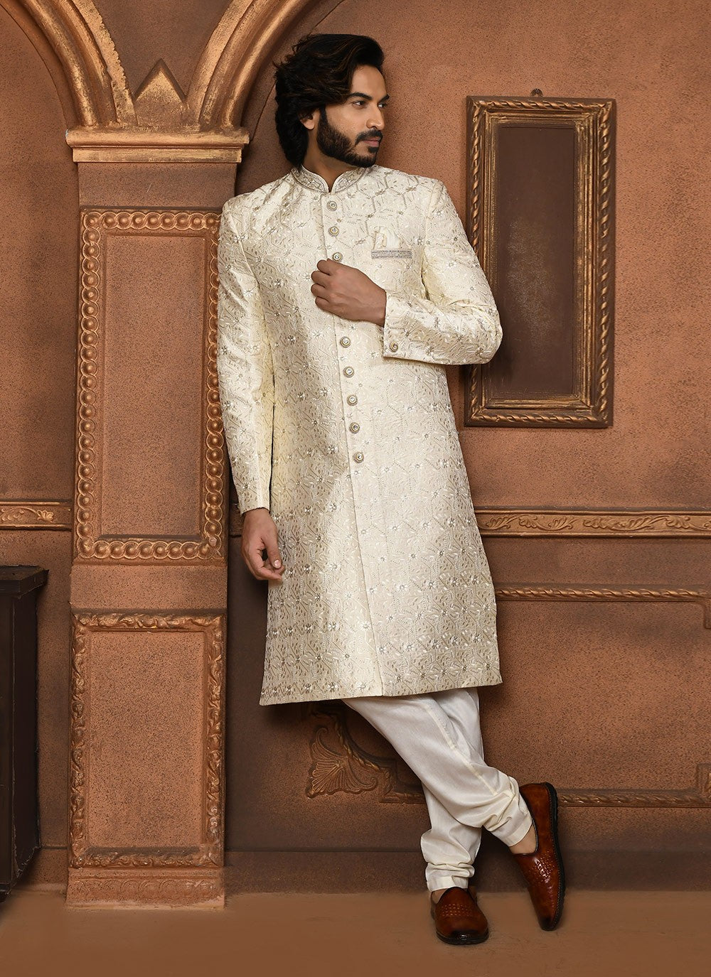 Embroidered Art Silk Off White Sherwani - M8052