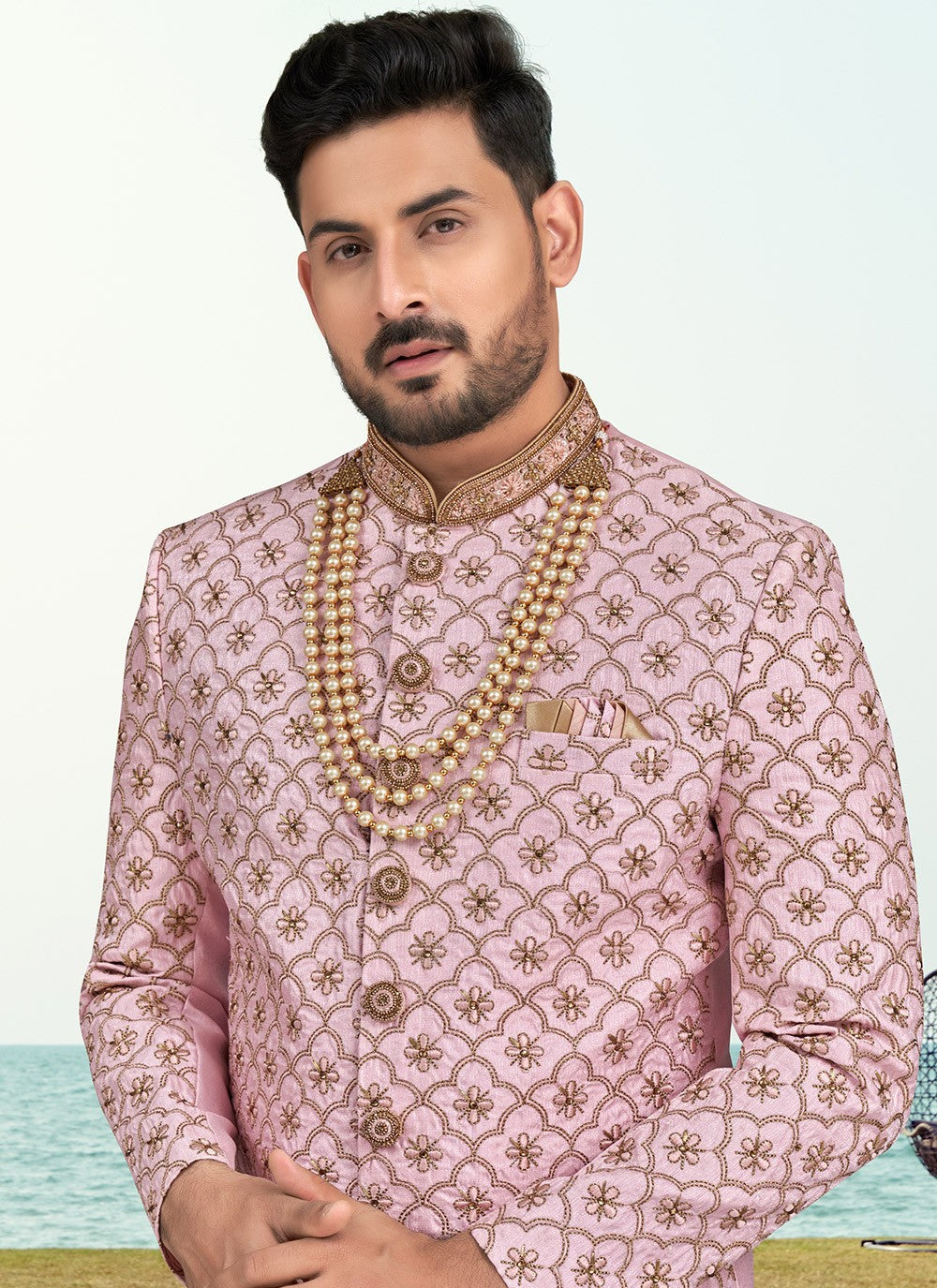 Machine Embroidery Silk Pink Sherwani - M6796