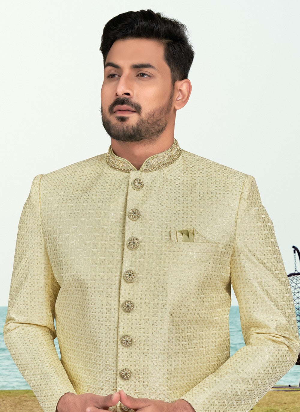 Machine Embroidery Silk Yellow Sherwani - M6790