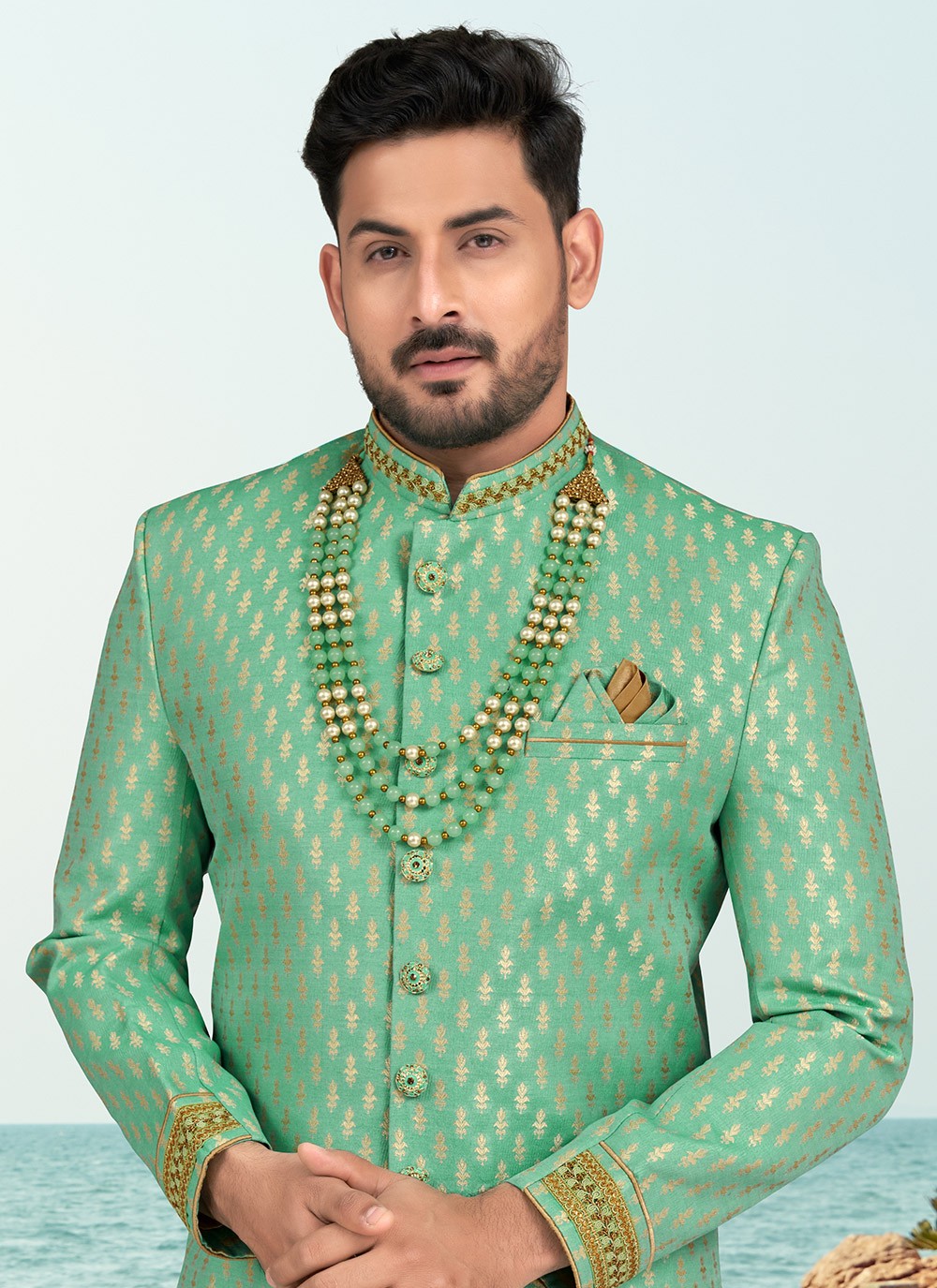 Buttons Banarasi Jacquard Sea Green Sherwani - M6595