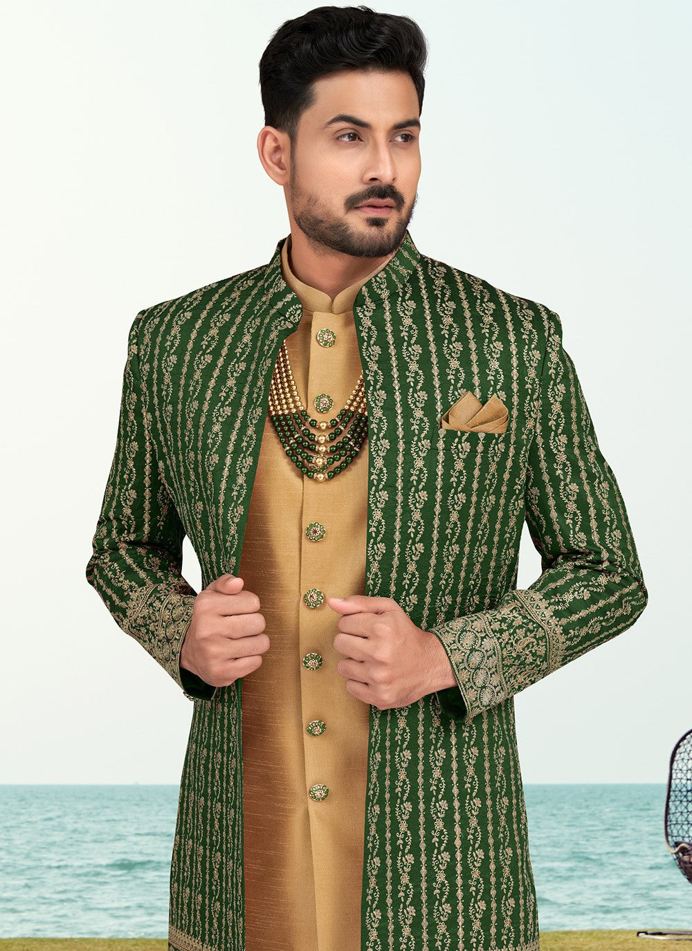 Machine Embroidery Banarasi Silk Brown, Green Sherwani - M6770