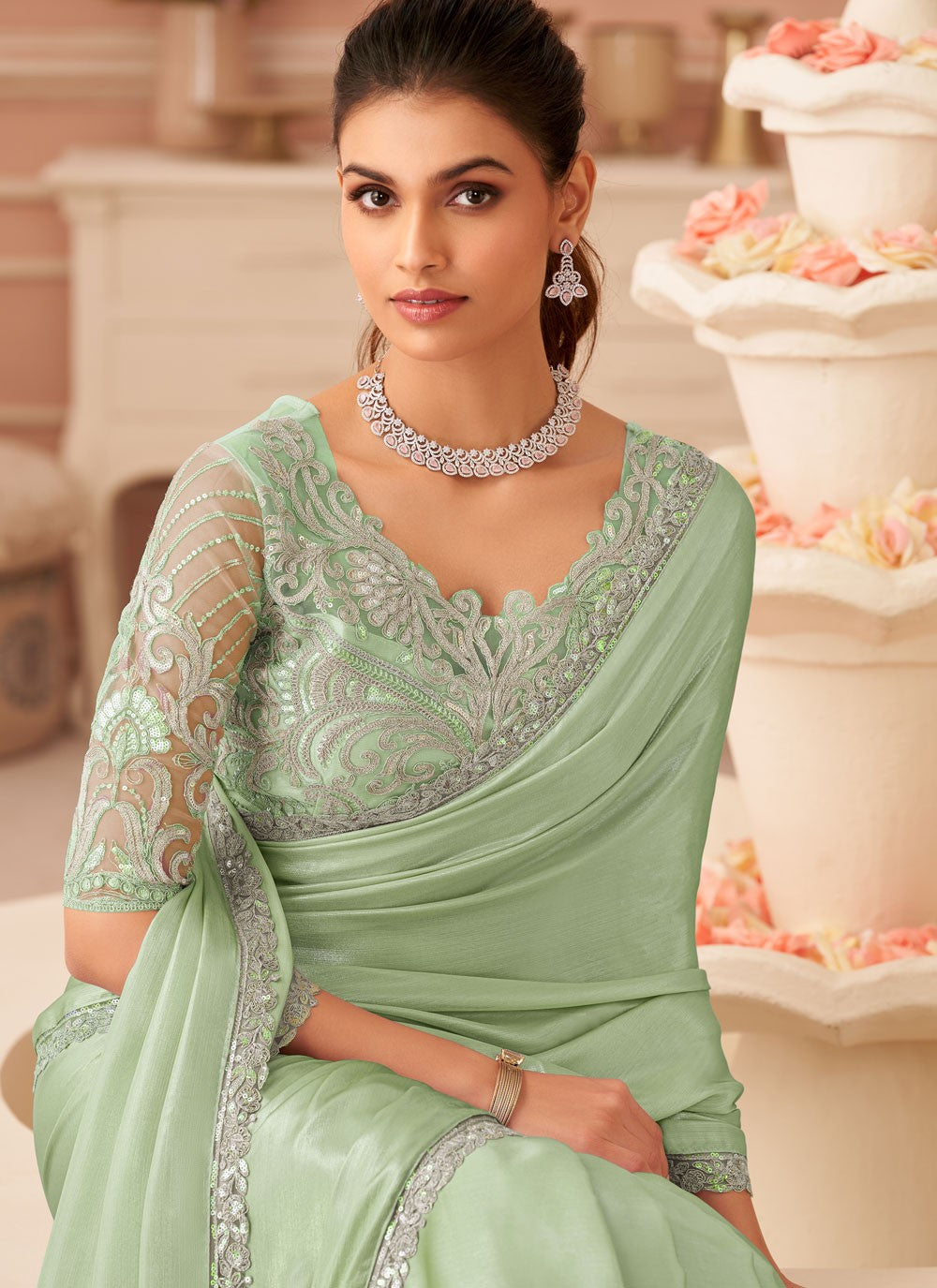 Green Chiffon Classic Saree Border Work, Embroidered, Zari S19111