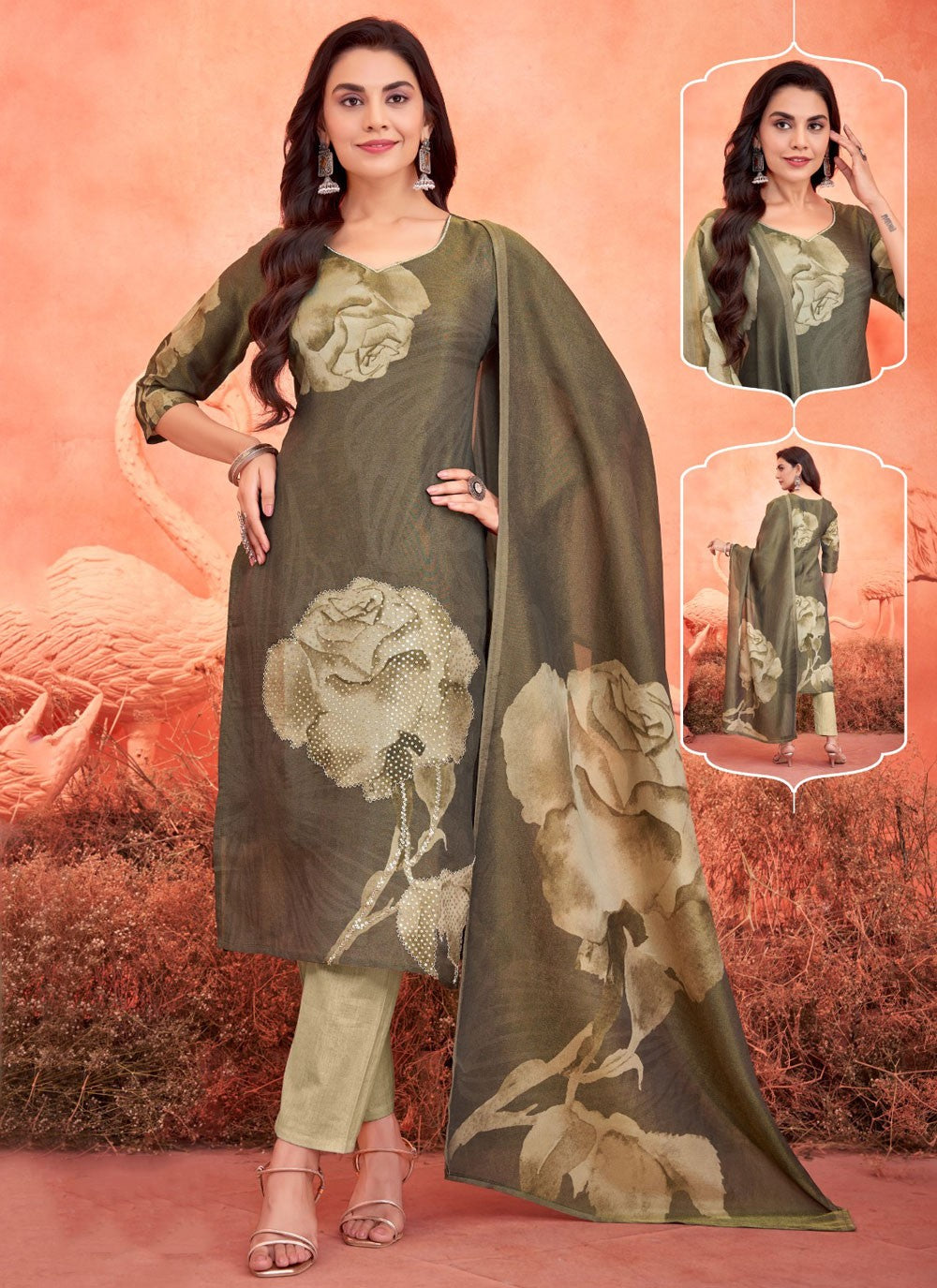 Pant Style Suit Embroidered Brown Shimmer T5151