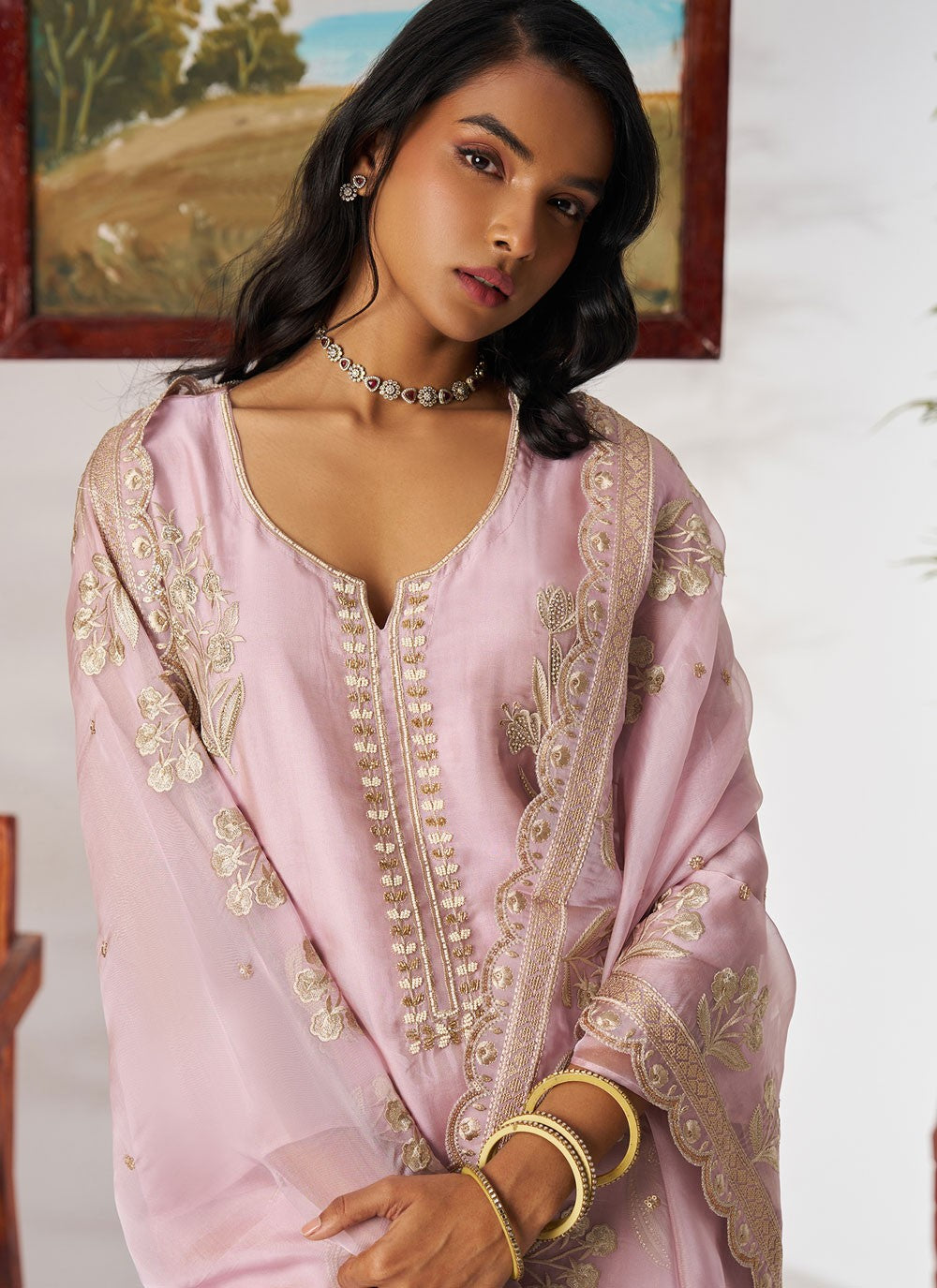 Pant Style Suit Beads Lavender, Pink Organza T5911