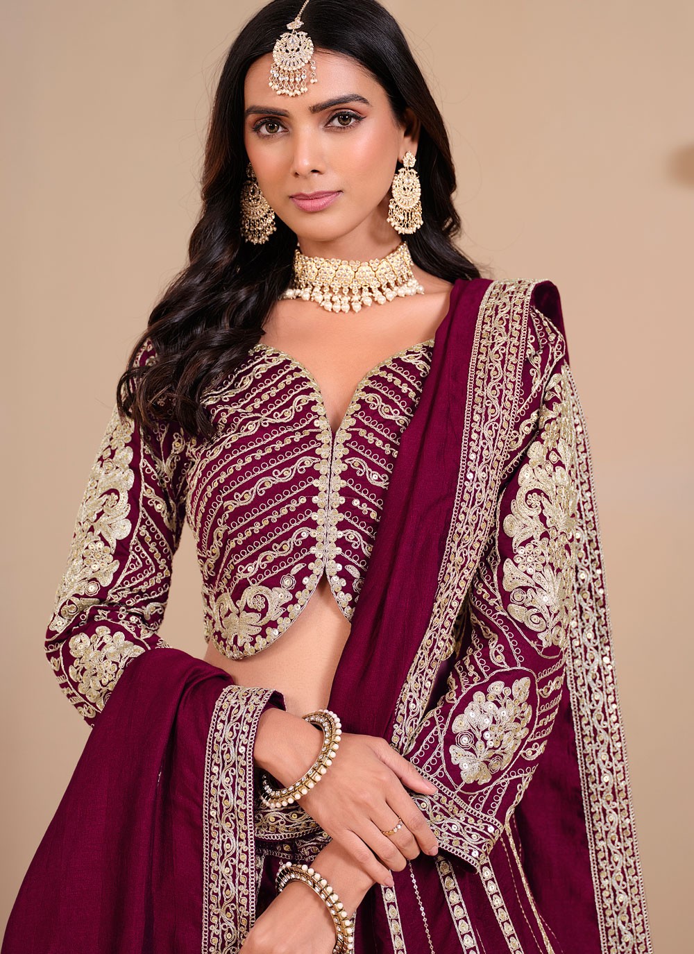 Embroidered Art Silk, Shimmer Hot Pink, Maroon Lehenga - L3273