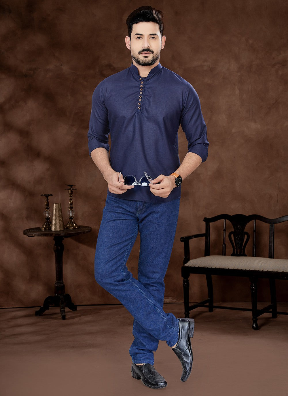 Plain Cotton Blue Short Kurta - M6494