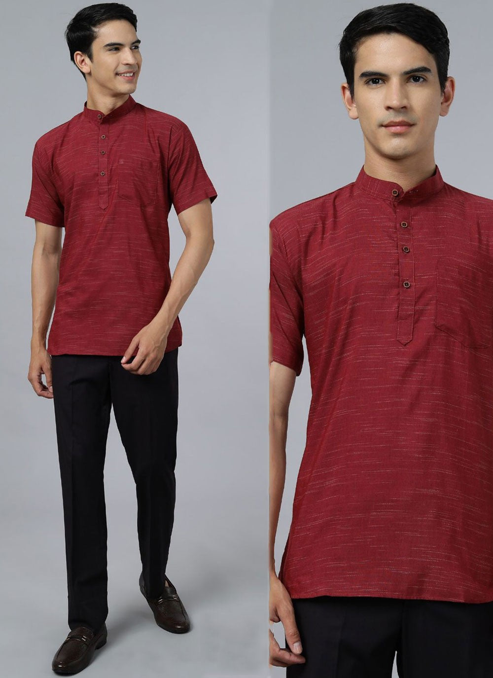 Plain Cotton , Khadi Maroon Short Kurta - M6852