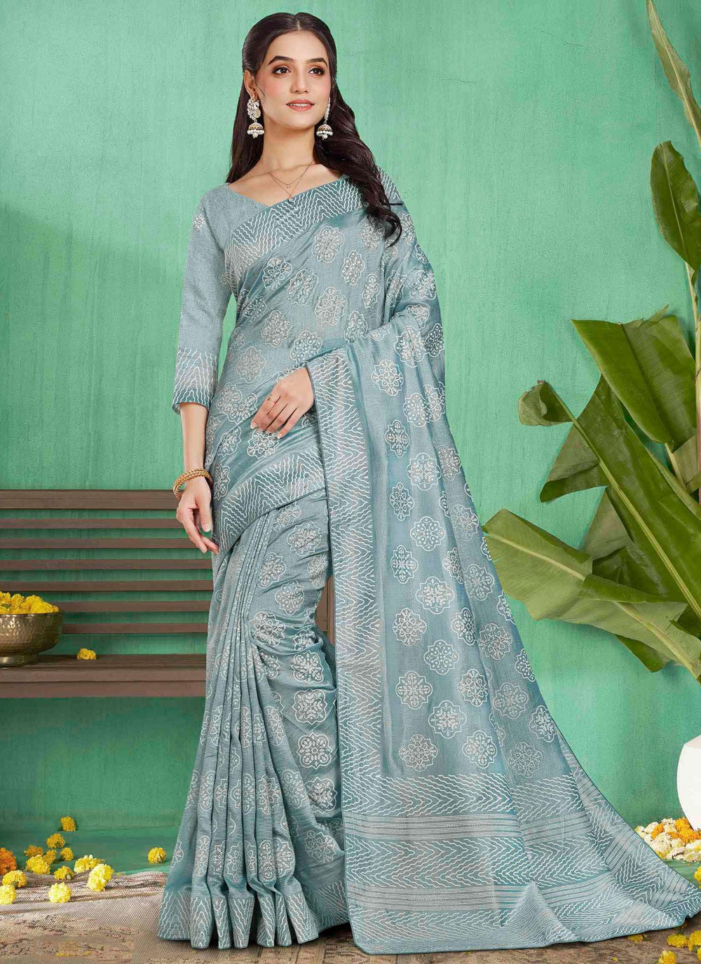 Classic Saree Abstract Print Aqua Blue Silk Saree S13213