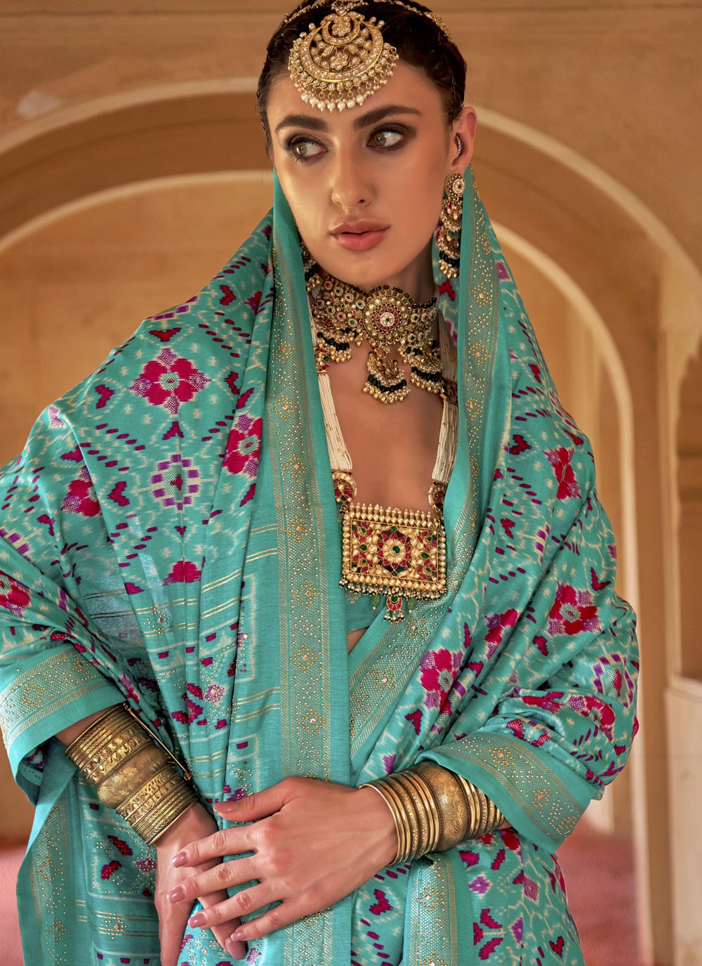 Aqua Blue Silk Classic Saree Patola Print S18272