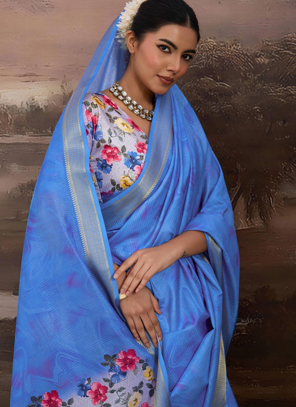 Aqua Blue Silk Contemporary Saree Floral Printed S19542