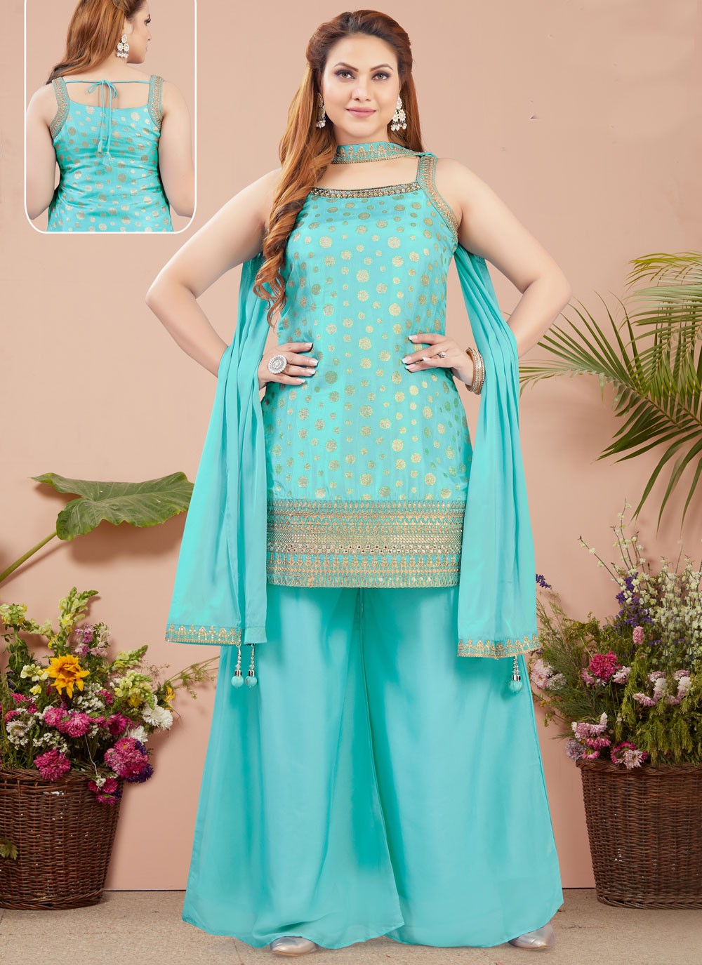 Salwar Suit Weaving Zari Aqua Blue Silk T5262